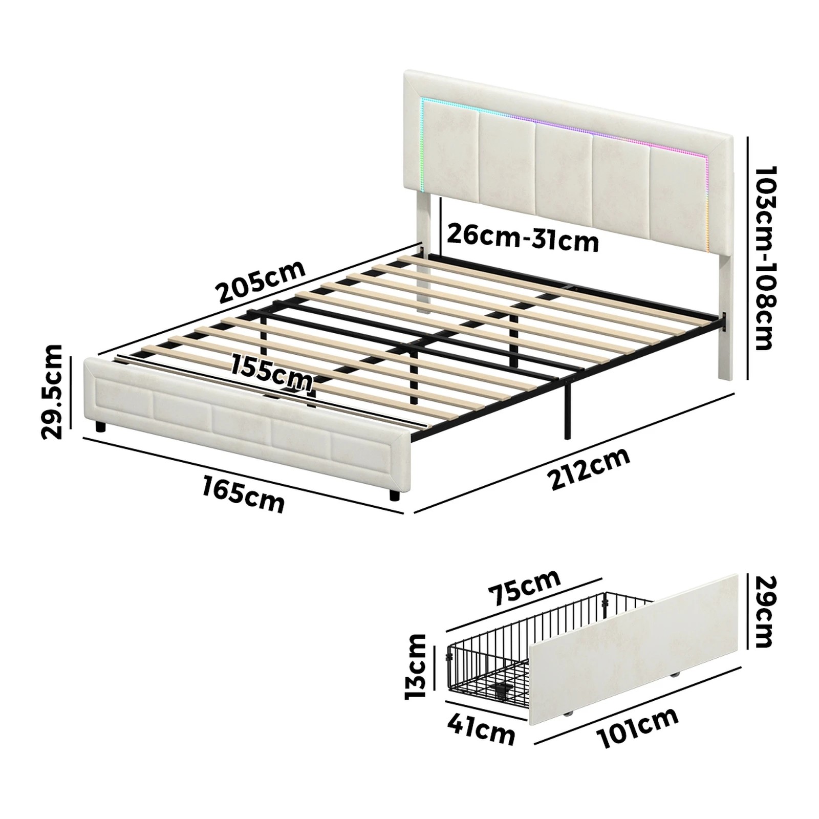 2 Oikiture LED Queen Bed Frame With 4 Storage Drawers & Charging Station - Beige, 2 of 9