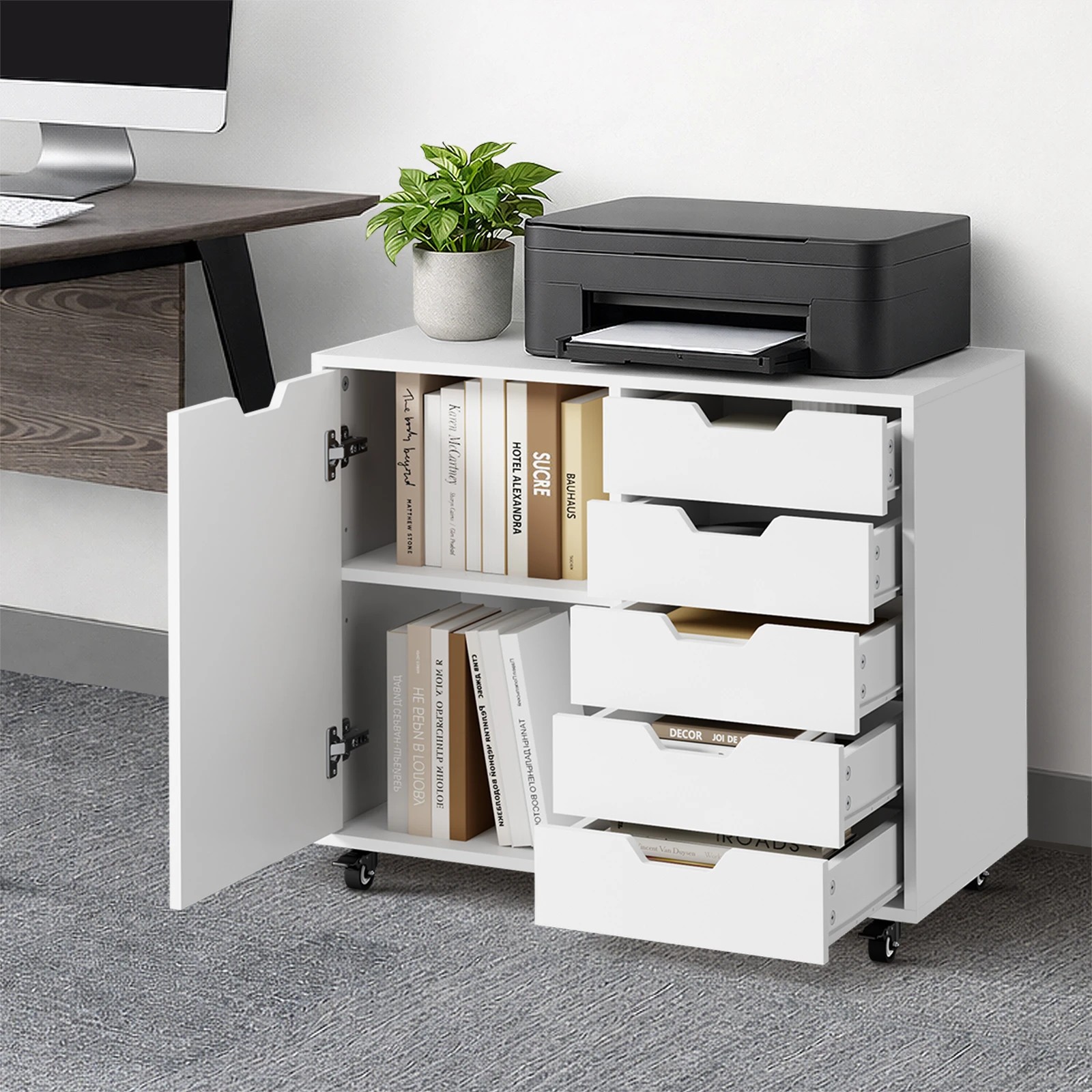 3 Oikiture Filing Cabinet 1 Door 5 Drawer Mobile Office Storage Cabinet - White, 3 of 7