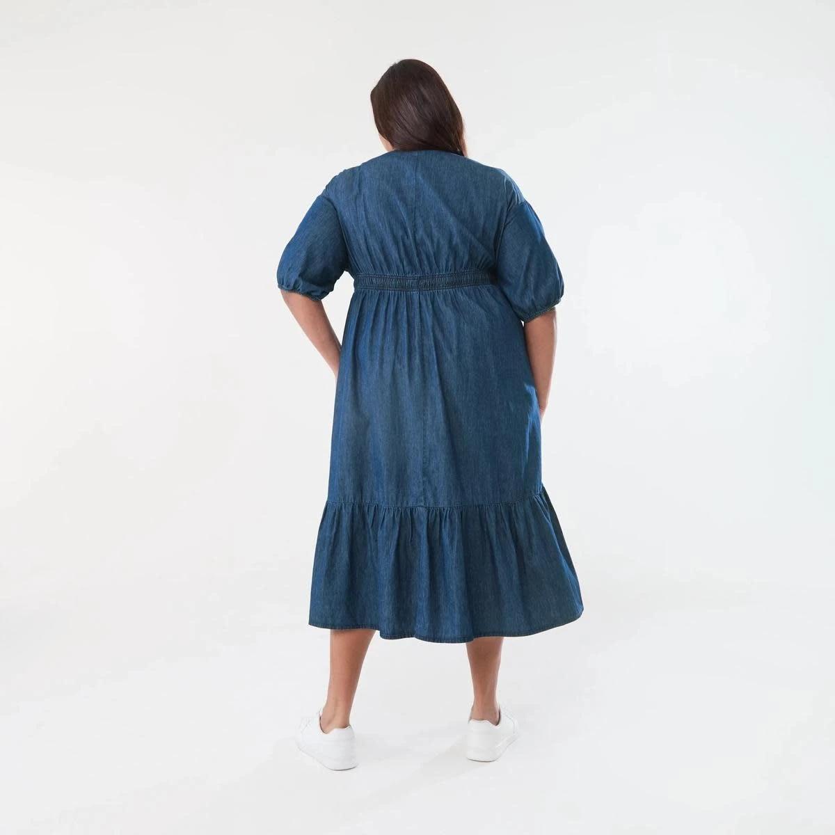 3 Curve Short Sleeve Chambray Midi Dress DARK DENIM WASH, 3 of 6