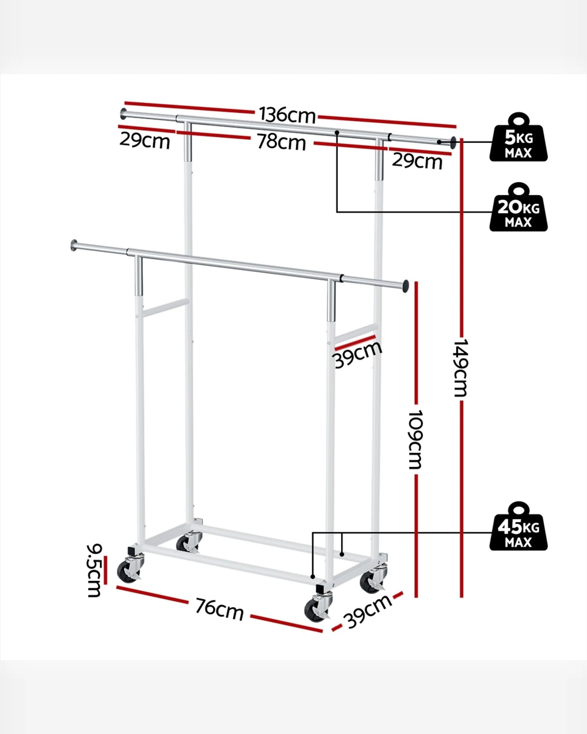 2 Artiss Clothes Rack Double Rod Airer Rail Coat Stand Adjustable Hanger Garment Rack Portable Heavy Duty Wheels - White, 2 of 7
