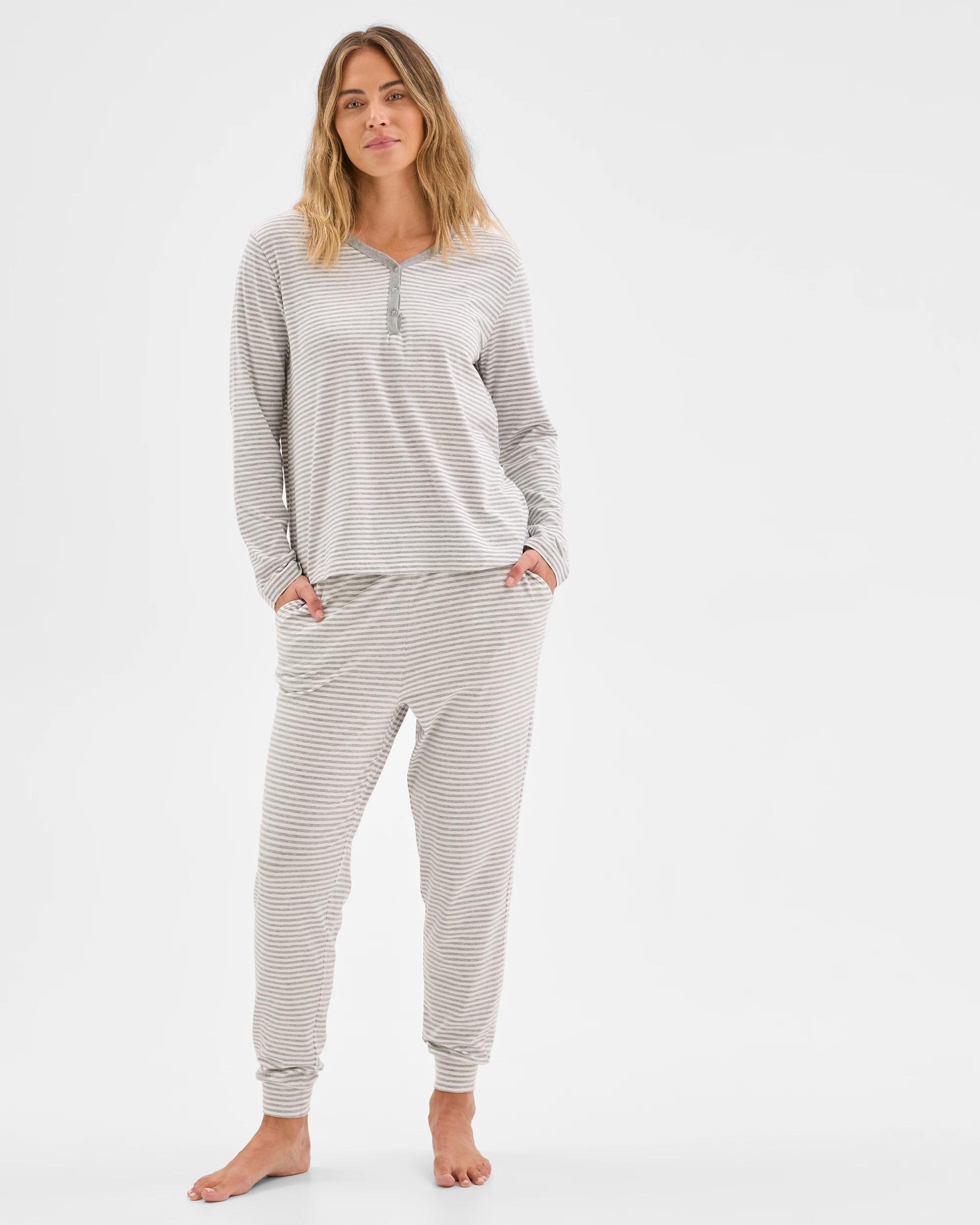2 Target Woman Australian Cotton Blend Long Sleeve Henley Stripe Sleep T-Shirt GREY STRIPE, 2 of 7
