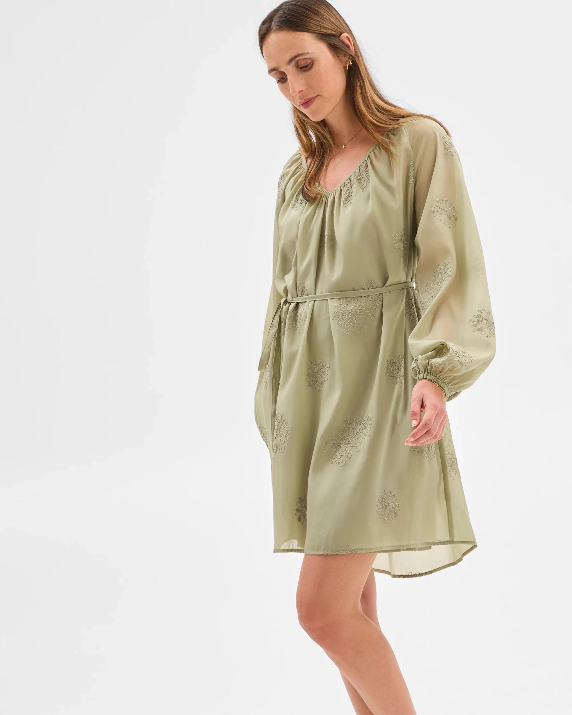 3 Preview Long Sleeve Embroidered Detail Mini Dress MOSS, 3 of 6