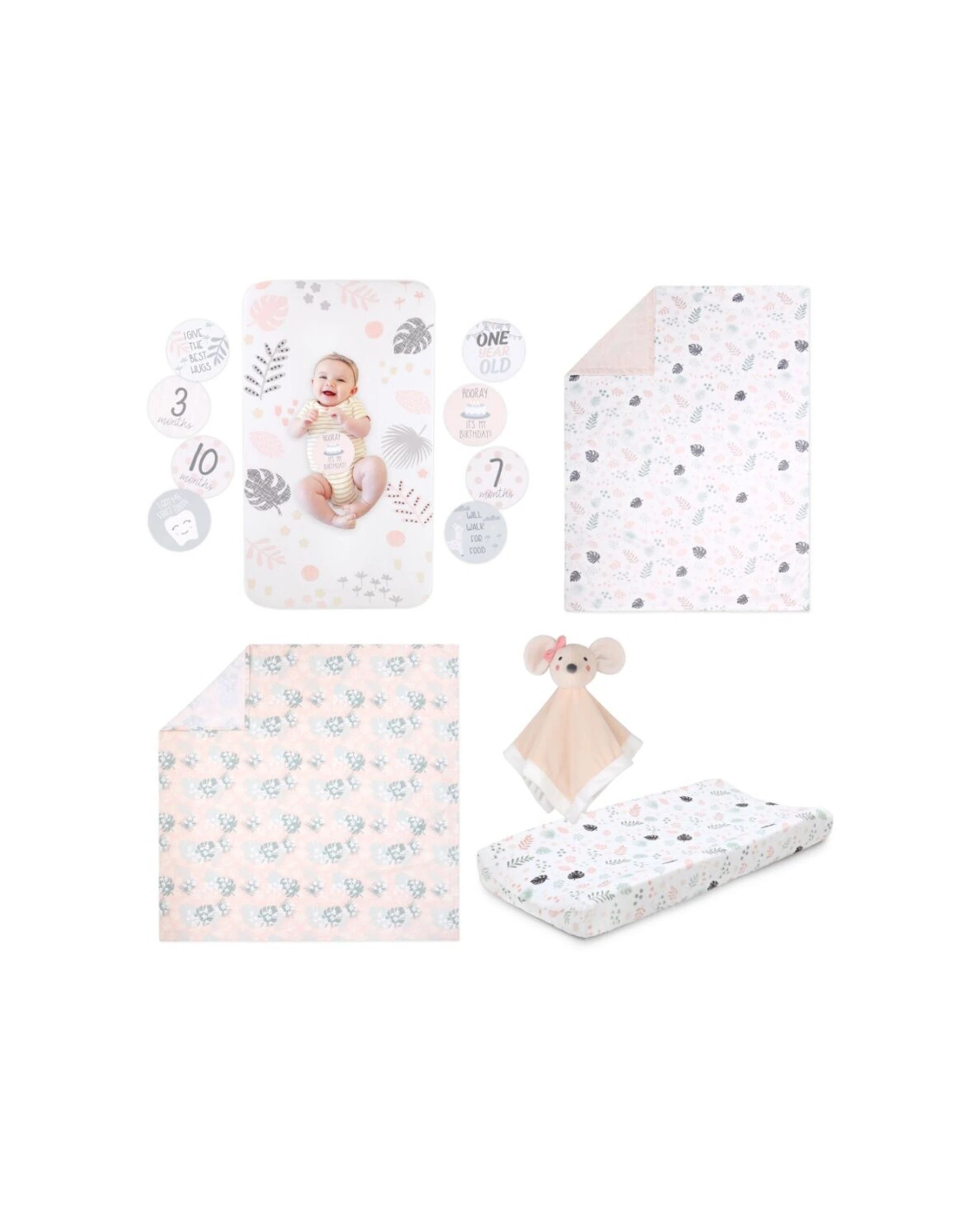 1 Little Haven Botanical Leaf Bedding Bundle 6pc Cot Set With Milestone Cards - Multi, 1 of 7