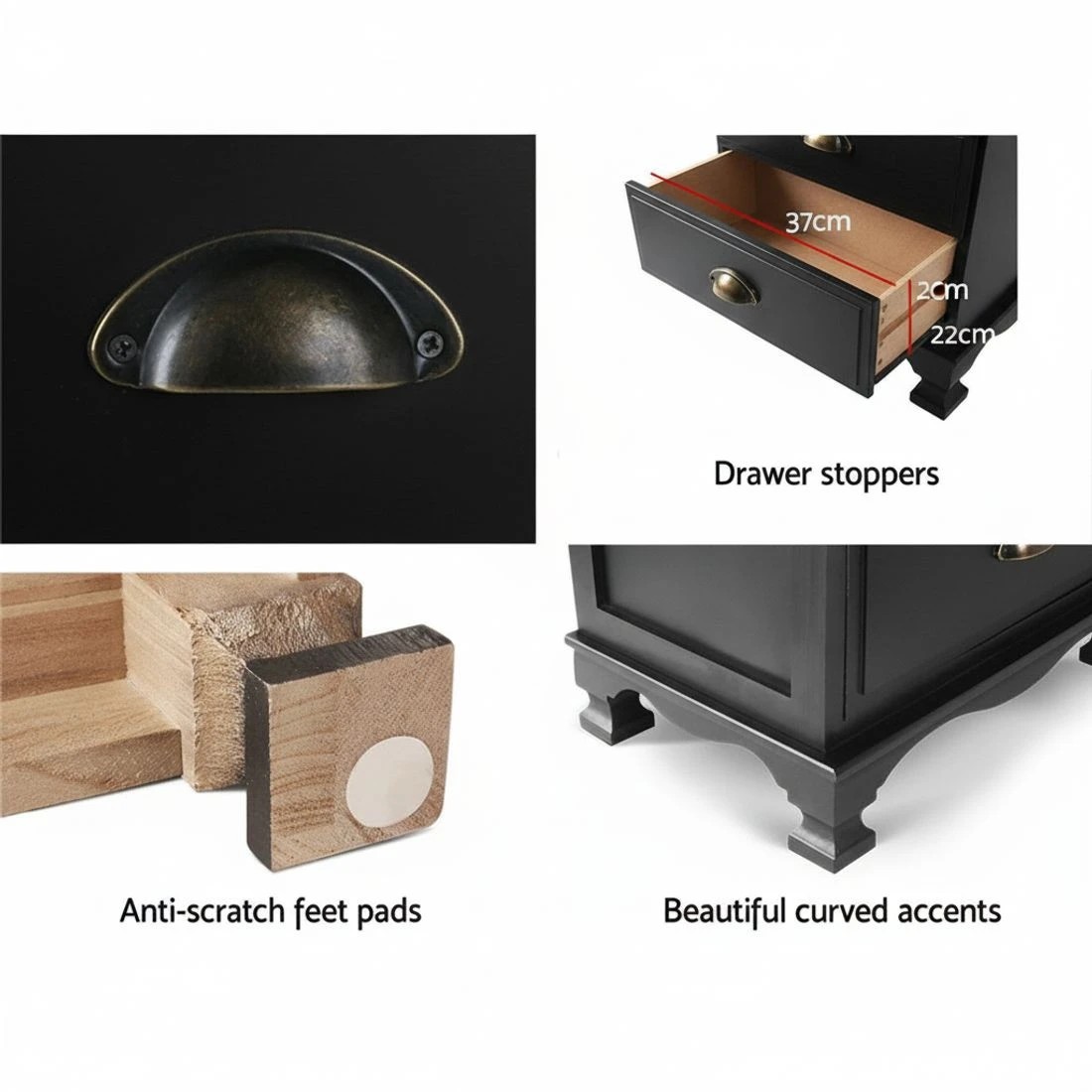 6 Artiss Bedside Table 3 Drawers Vintage - THYME - Black, 6 of 8