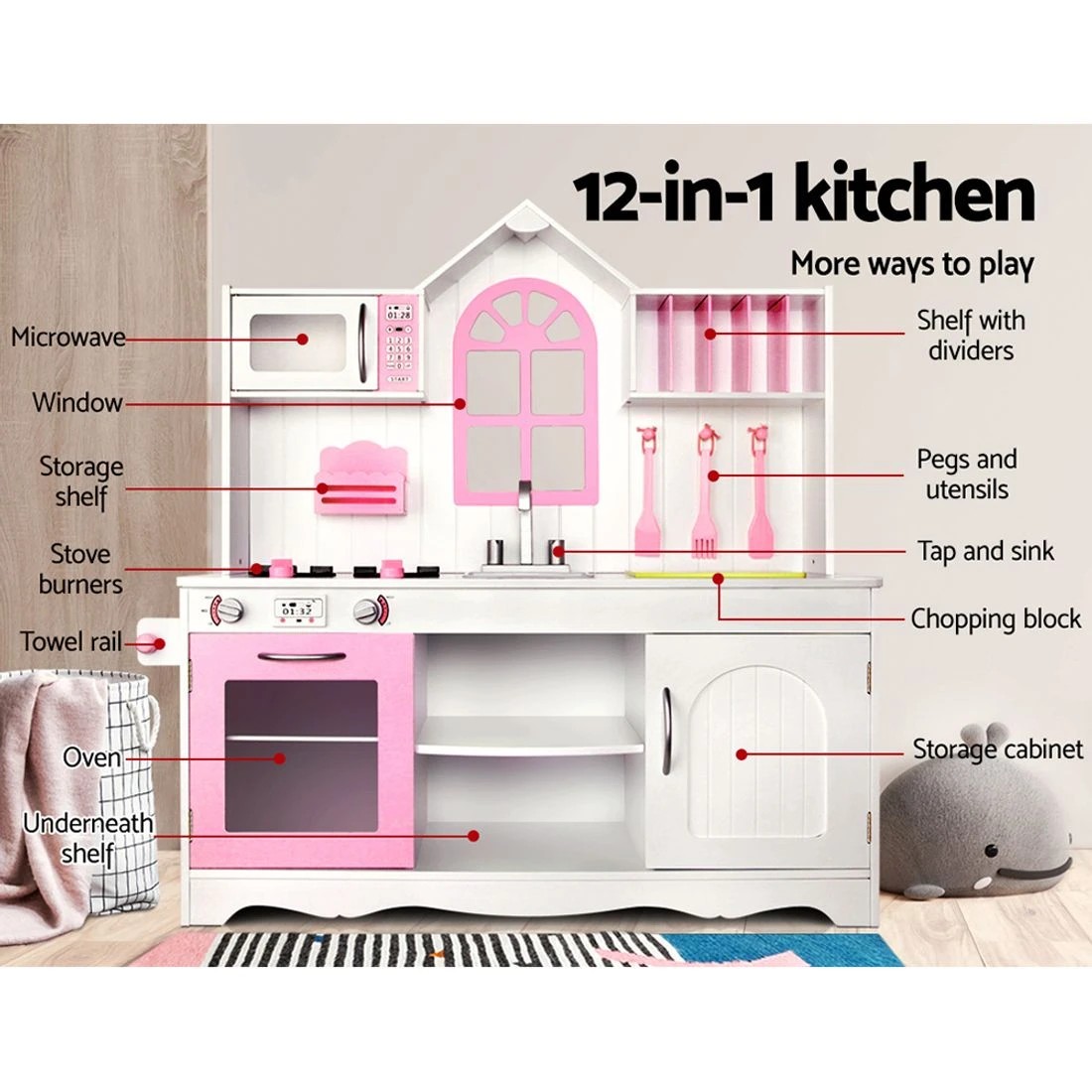 4 Keezi Kids Kitchen Play Set Wooden Pretend Toys Cooking Children Storage Cabinet - White, 4 of 6