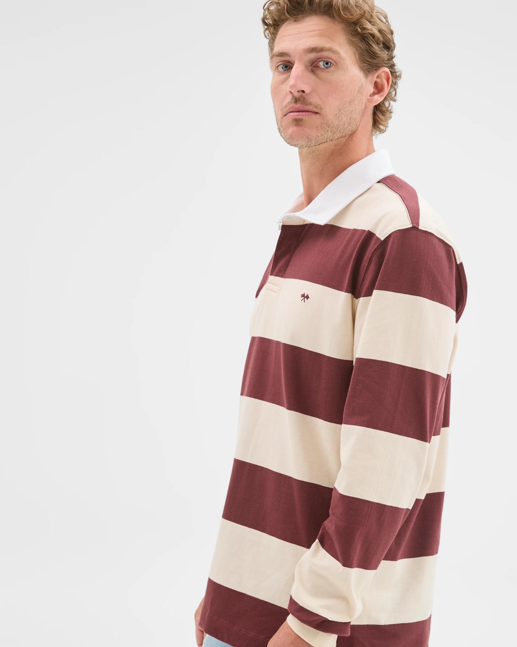 4 Target Man Australian Cotton Long Sleeve Rugby Polo Top STONE STRIPE, 4 of 8