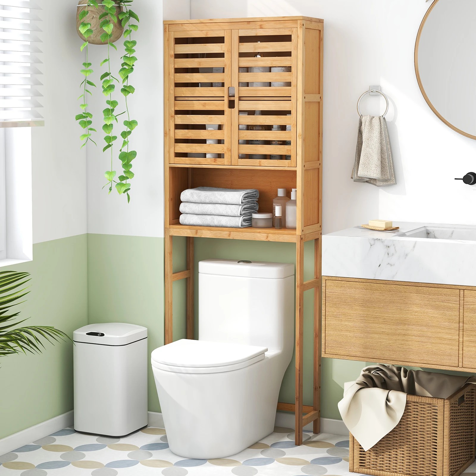 2 Costway 3-Tier Bamboo Over Toilet Storage Cabinet Bathroom Space Saver Organizer, 2 of 4