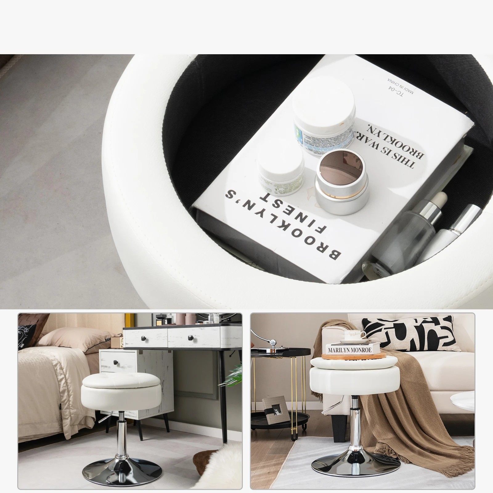 6 Costway Swivel Stool PU Leather Storage Makeup Dressing Chair - White, 6 of 6