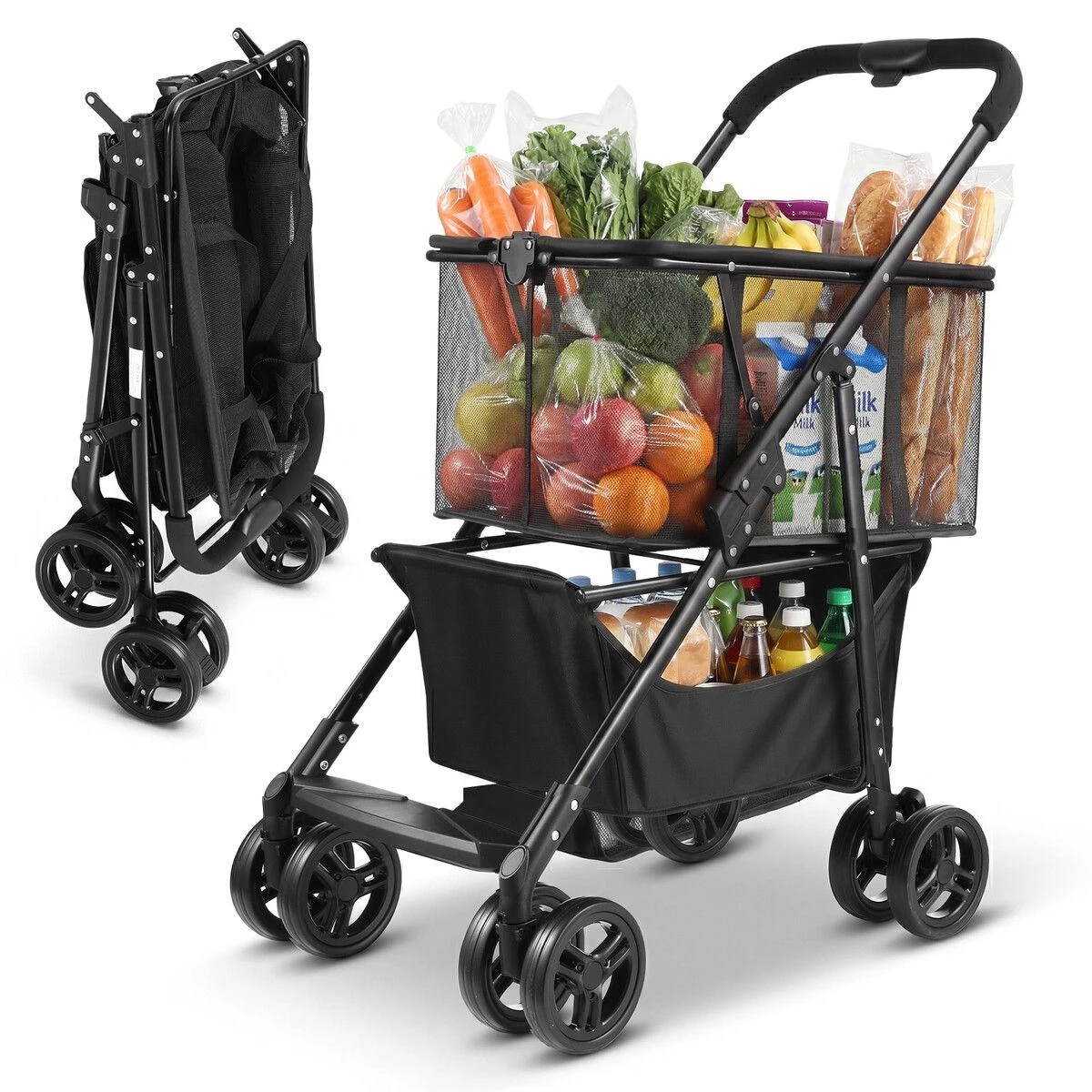 3 AUSWAY 2 Tier Foldable Shopping Trolley with Wheels Collapsible Grocery Utility Cart Rolling Market Travel, 3 of 6