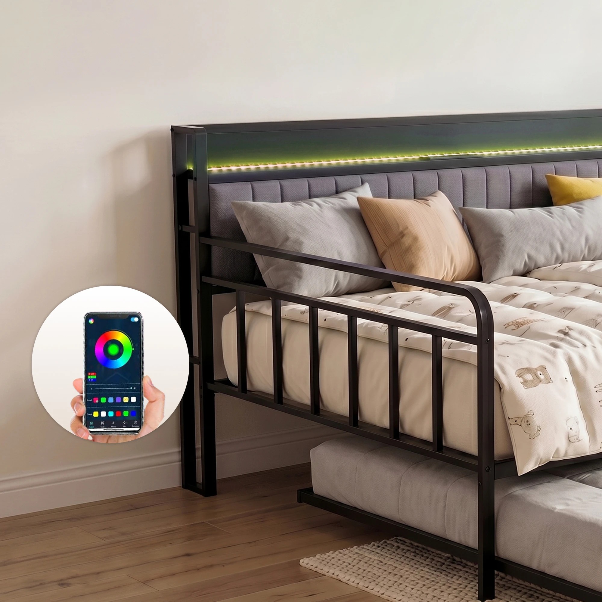 5 Artiss Bed Frame LED Metal Trundle Daybed with Charging Station - Double Bed - Black, 5 of 8
