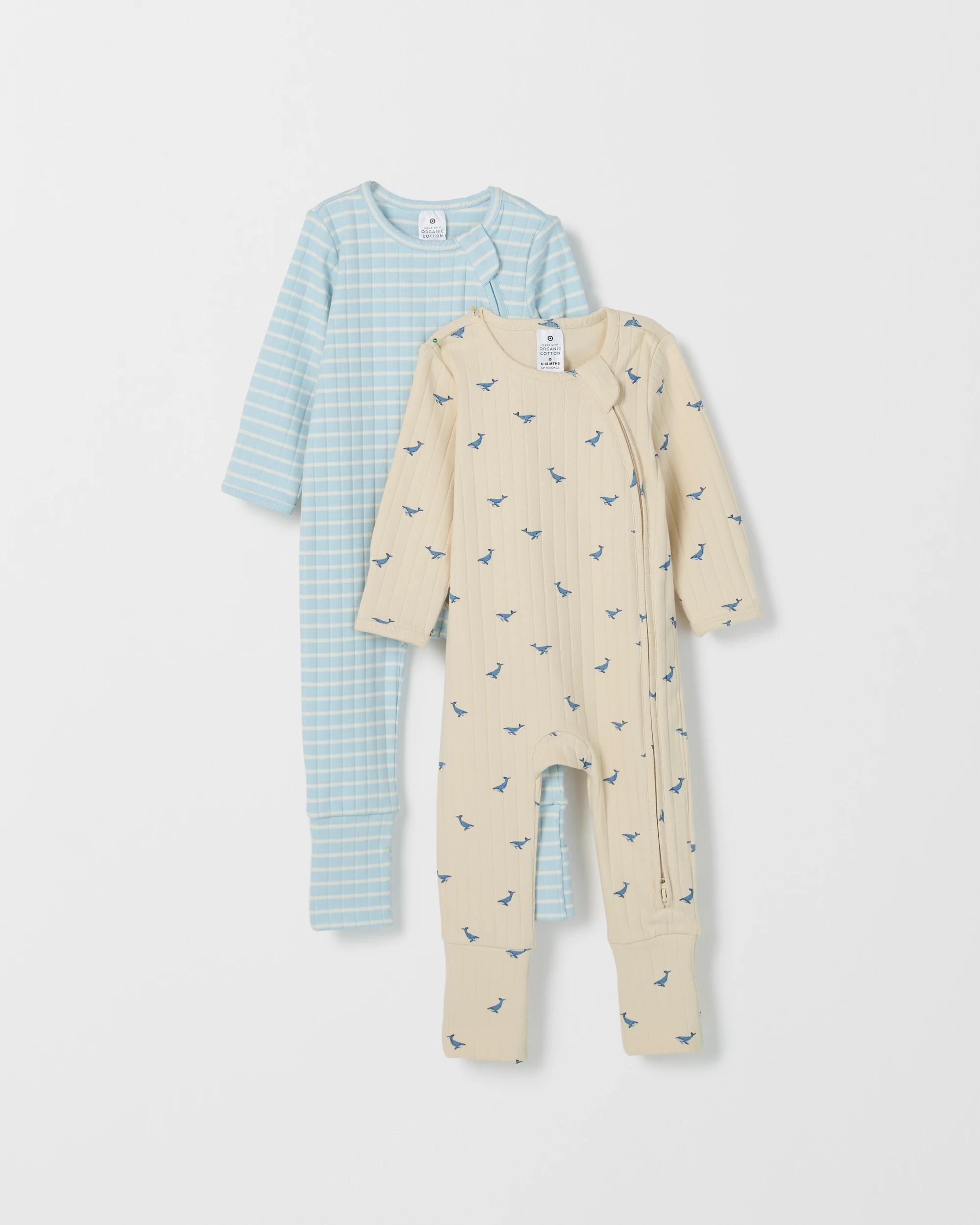 1 Target Baby Organic Cotton 2 Pack Rib Side Zip Elevated Coverall WHALES, 1 of 4