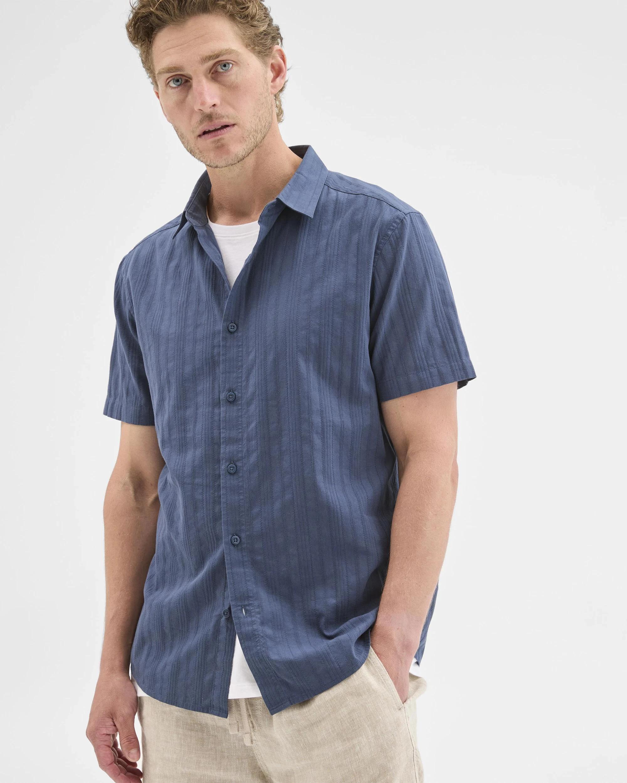 6 Target Man Australian Cotton Short Sleeve Textured Shirt DARK BLUE, 6 of 7