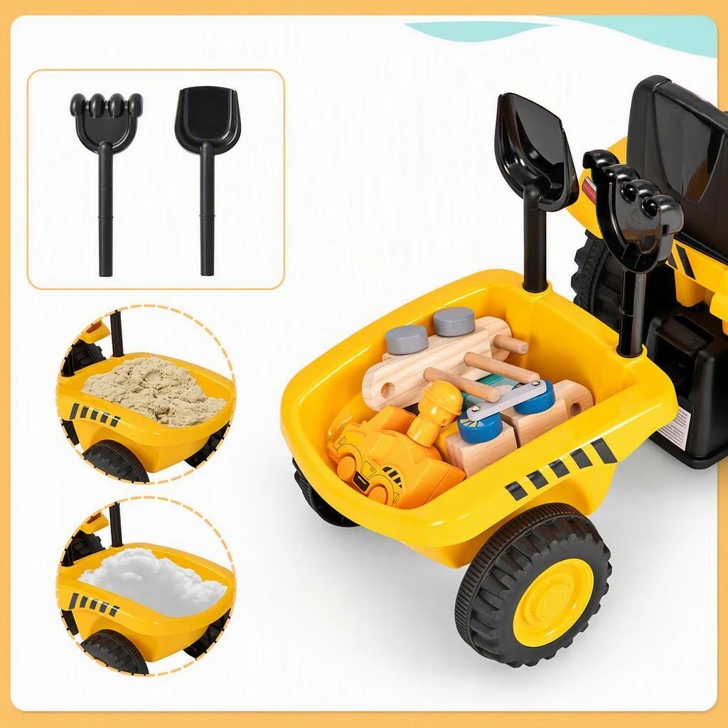 4 Costway Battery-Operated Sliding Tractor Toy Ride On Tractor w/Beach Rake & Shovel - Yellow, 4 of 7