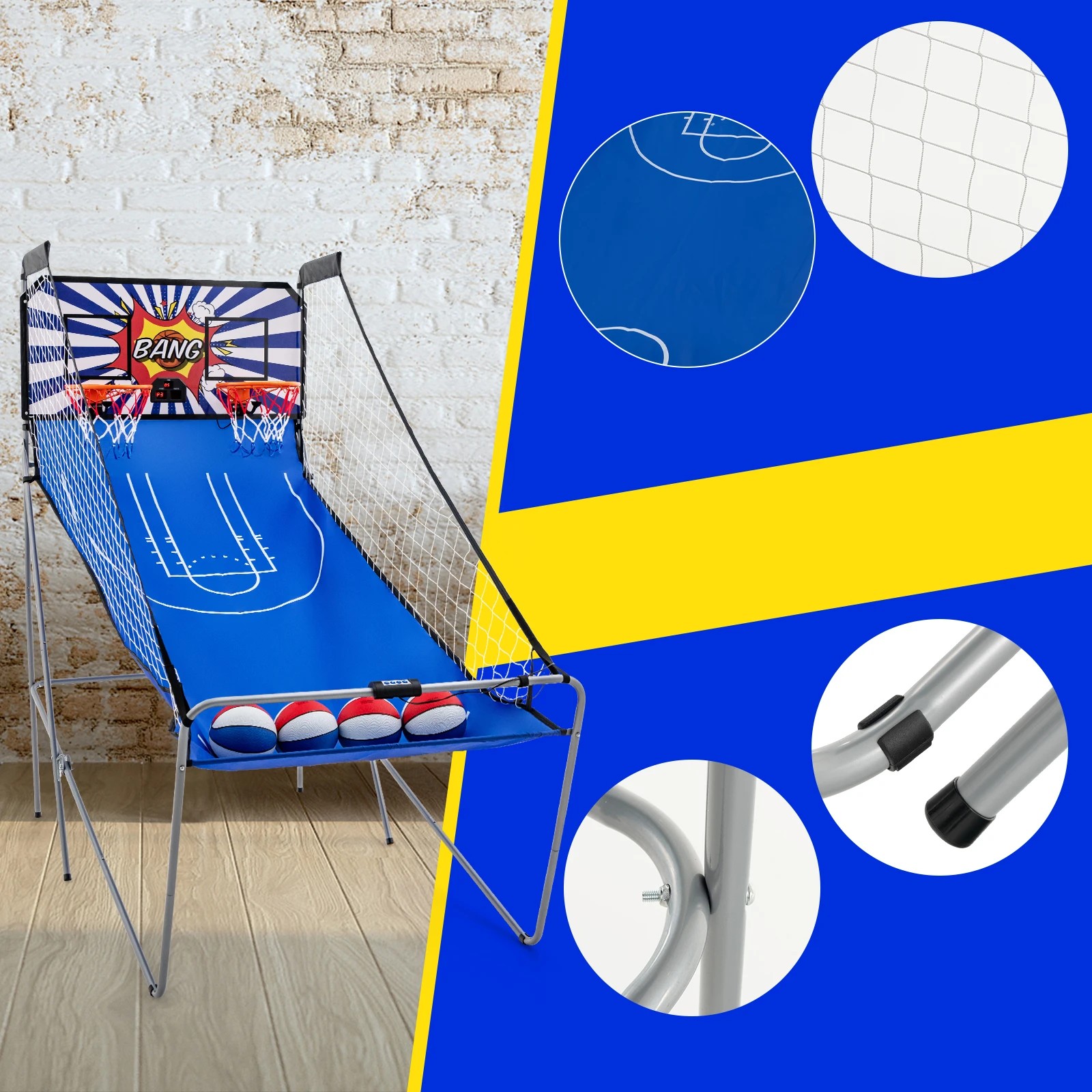2 Costway Foldable Basketball Arcade Game Electronic Double Basketball Hoop Game w/4 Balls & Hand Pump - Blue, 2 of 7