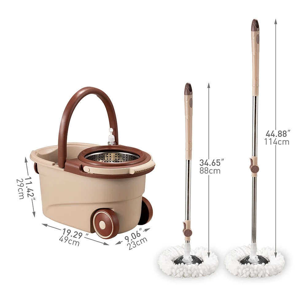 2 ZUNI Spin Mop Bucket Set Floor Mop Stainless Steel Rotating w/ 2 Heads - Brown, 2 of 3