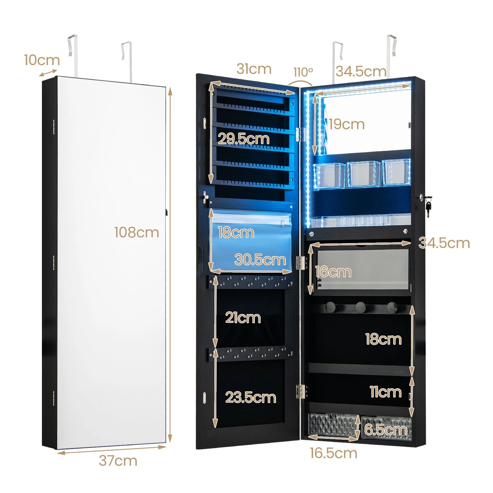 2 Costway Mirrored Jewellery Cabinet Wall Mounted LED Jewelry Armoire - Black, 2 of 4