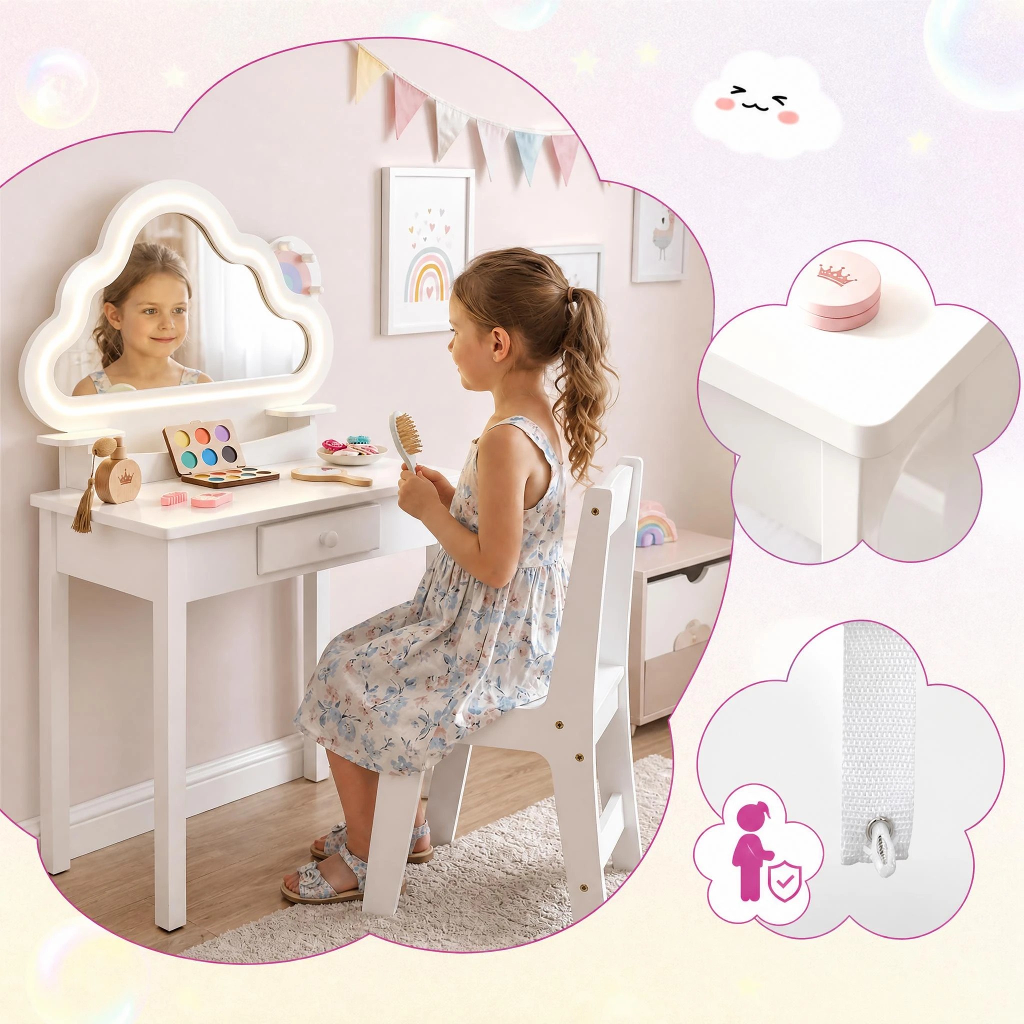 6 Costway Vanity Set Lighted Cloud Mirror 2-in-1 Princess Makeup Dressing Table Chair - White, 6 of 8