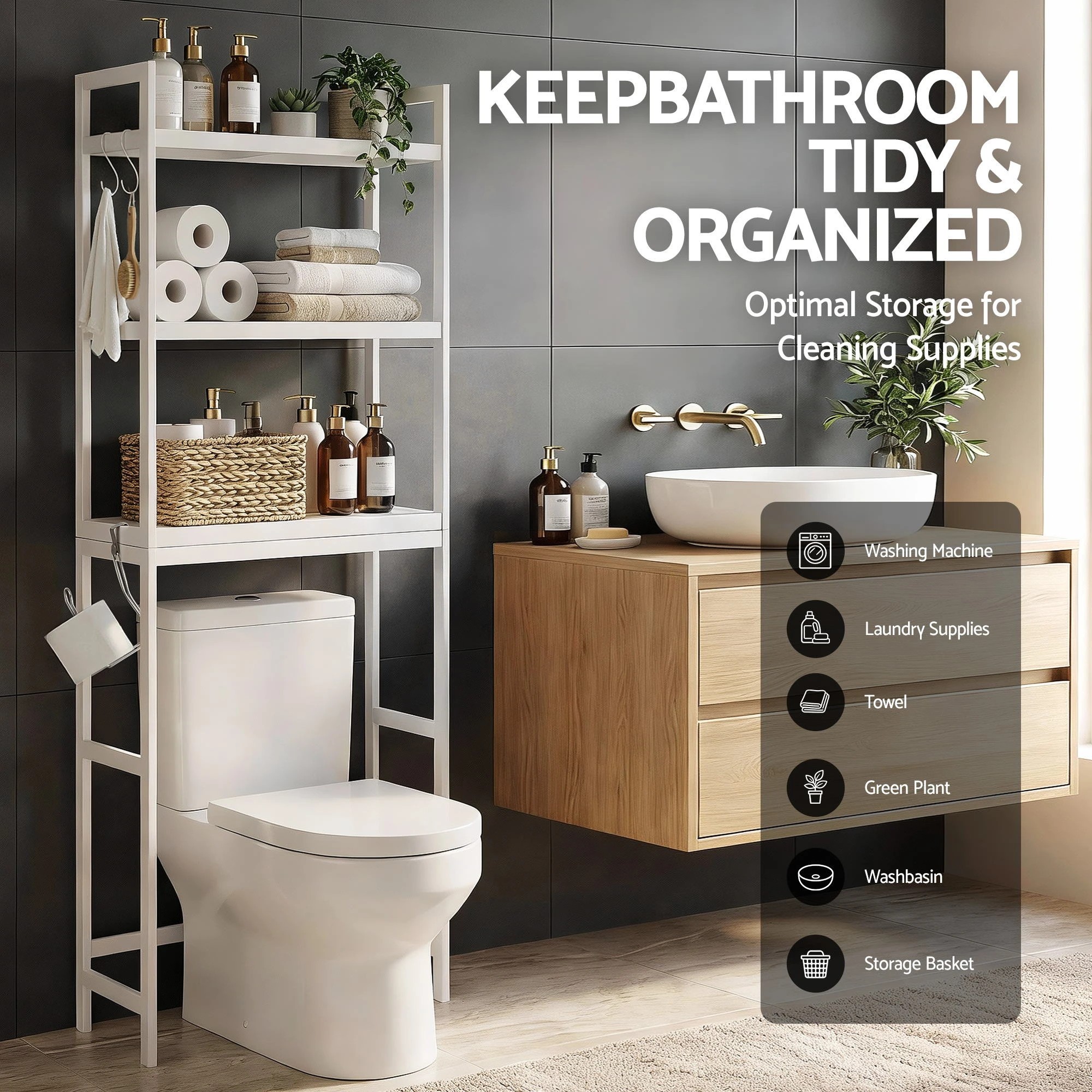 3 Artiss Over Toilet Storage Bathroom Rack Space Saving 3 Tier Organiser - White, 3 of 7