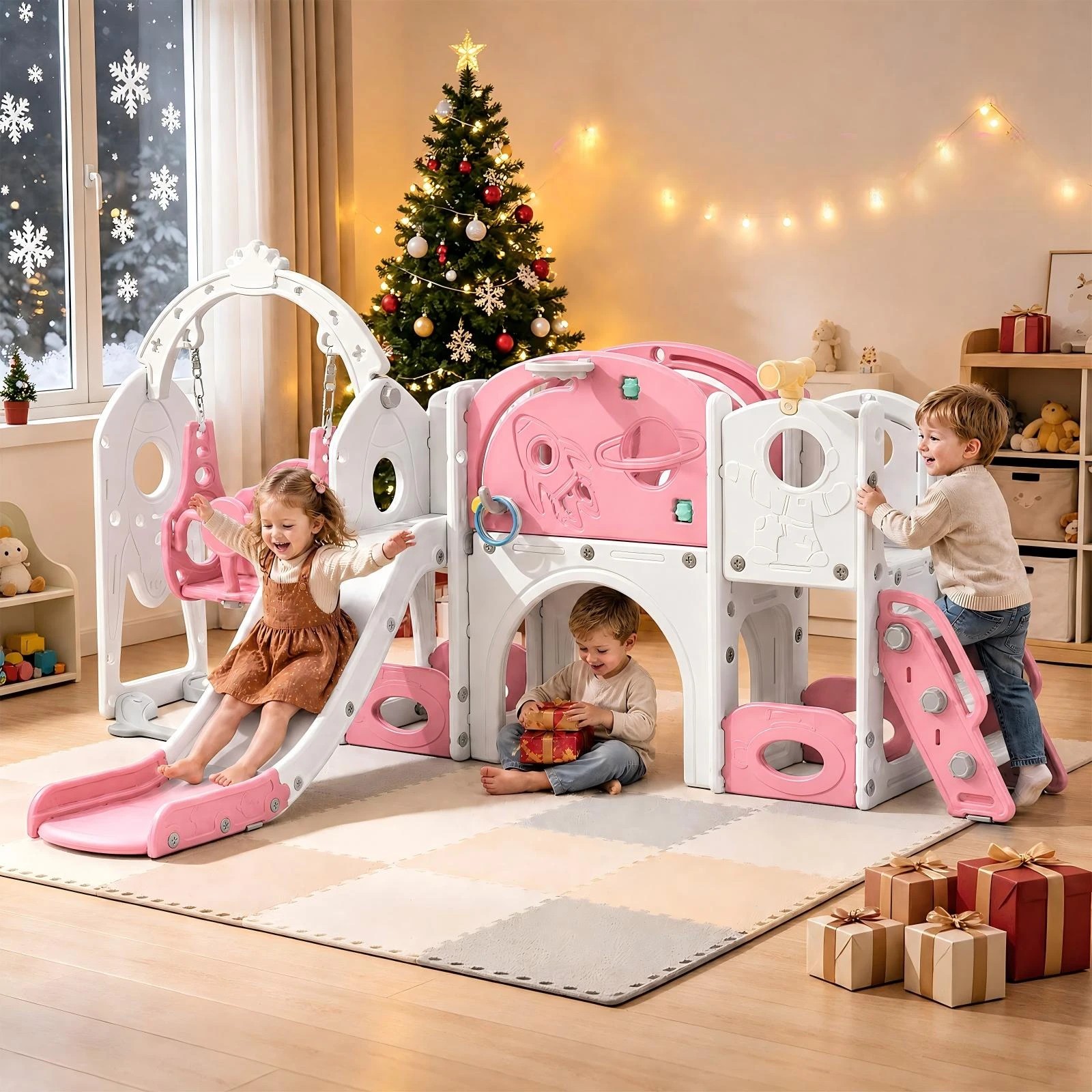 8 Advwin 10-in-1 Kids Slide Swing Set Indoor Outdoor Toddler Playground Activity Centre Kids Playset, Pink+White - Pink, 8 of 8