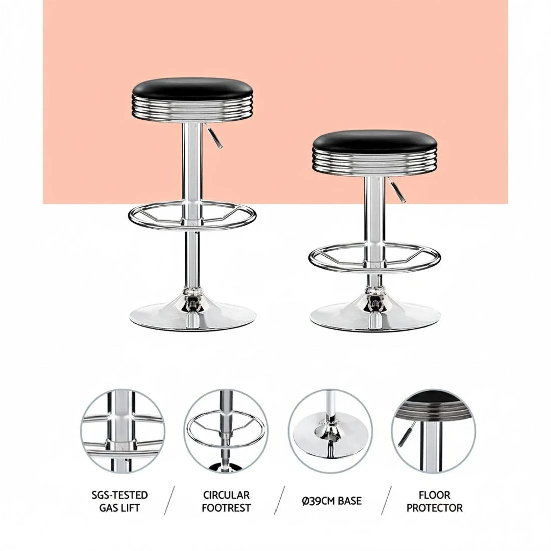 4 Artiss 2x Bar Stools Leather Padded Gas Lift - Black, 4 of 5