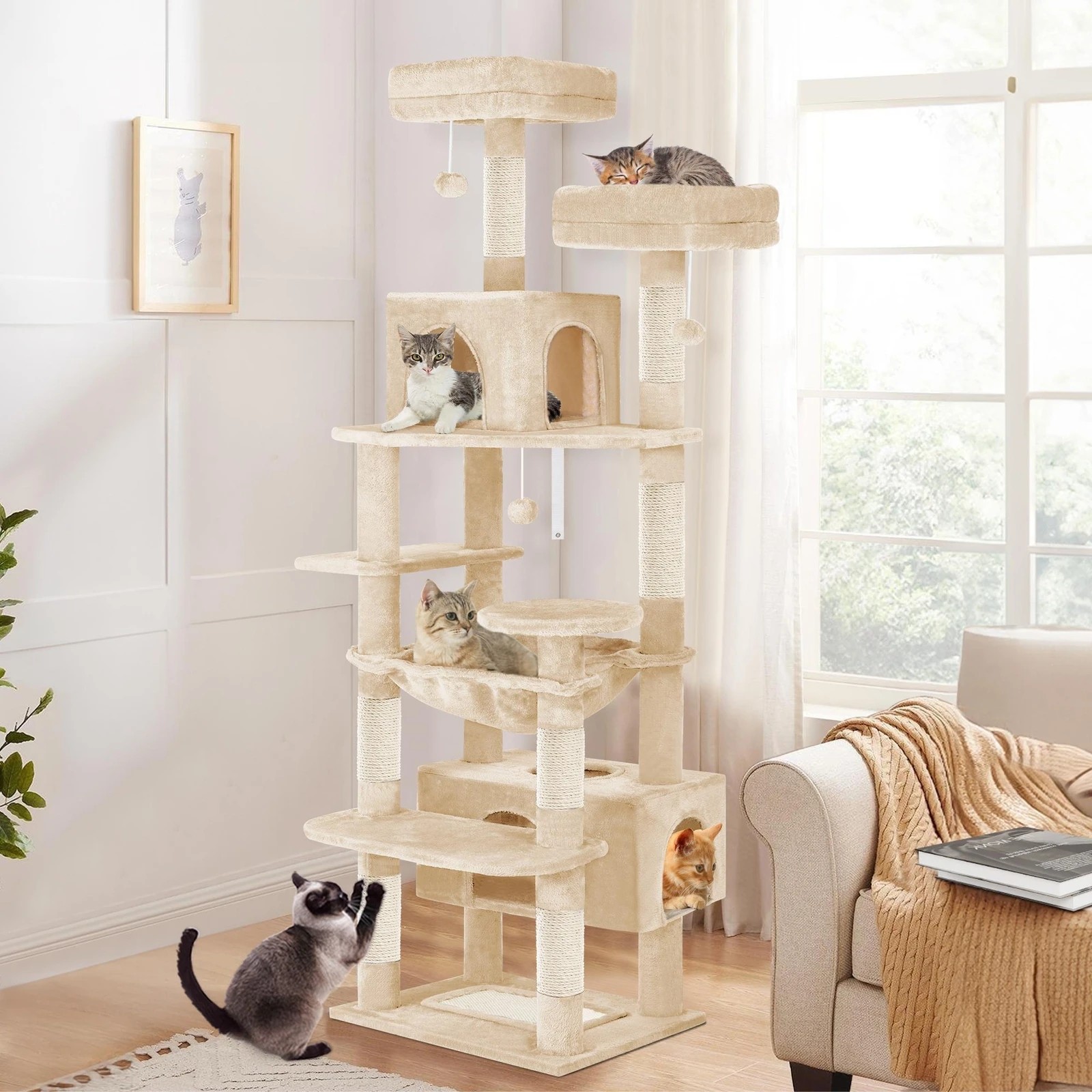 2 Beastie Cat Tree Tower Scratching Post Scratcher Condo House Furniture 184cm - Beige, 2 of 5