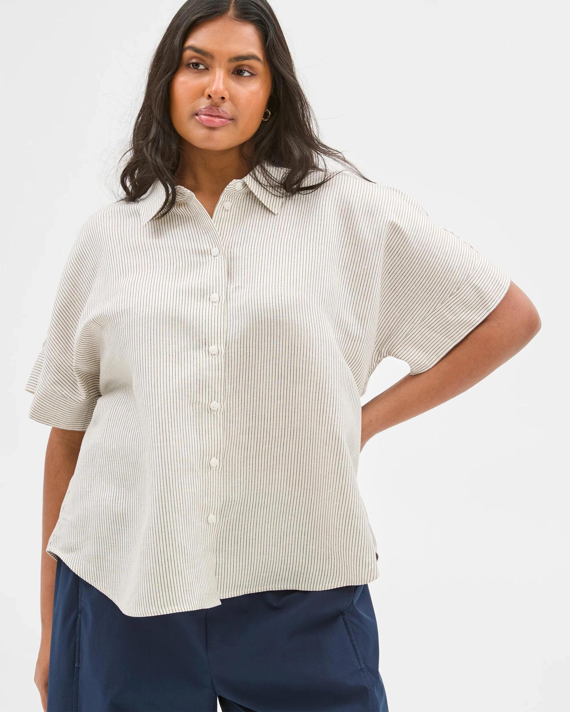 3 Target Plus Size European Linen Blend Boxy Shirt BRUNETTE/WHITE STRIPE, 3 of 6