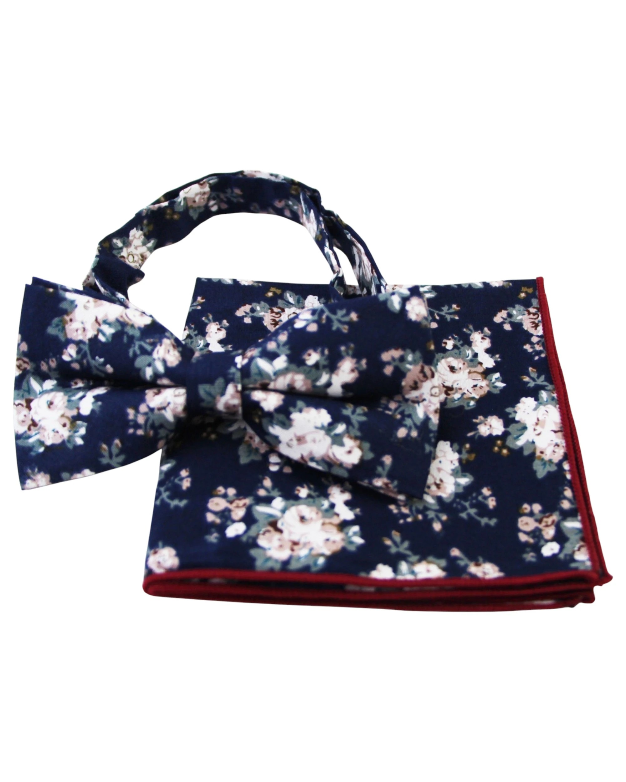 1 Zasel Mens Navy With Cream Flowers Cotton Bow Tie & Pocket Square Set - Multi, 1 of 4