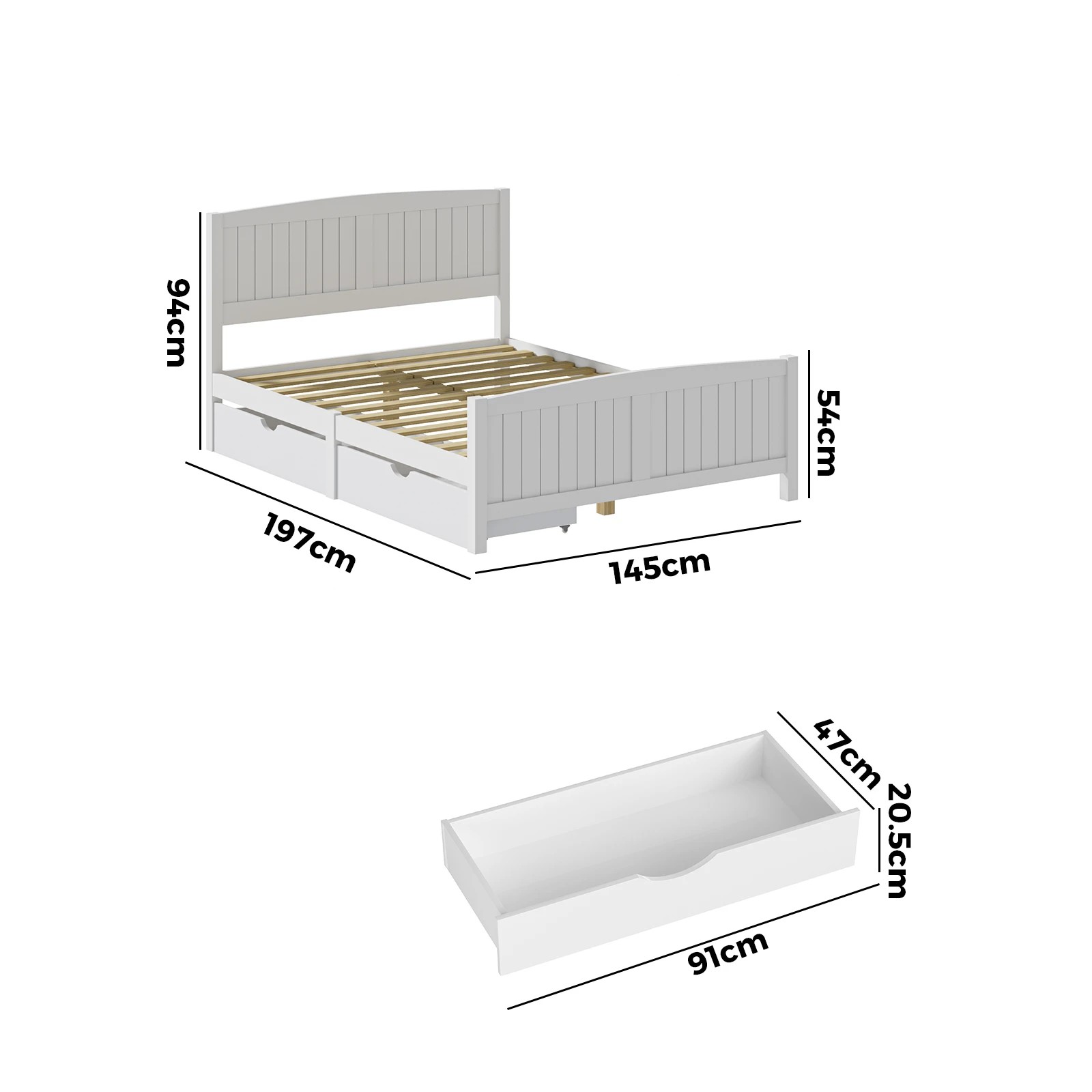 6 Oikiture Wooden Bed Frame Double Size Base With Trundle Storage Drawers
 - White, 6 of 8