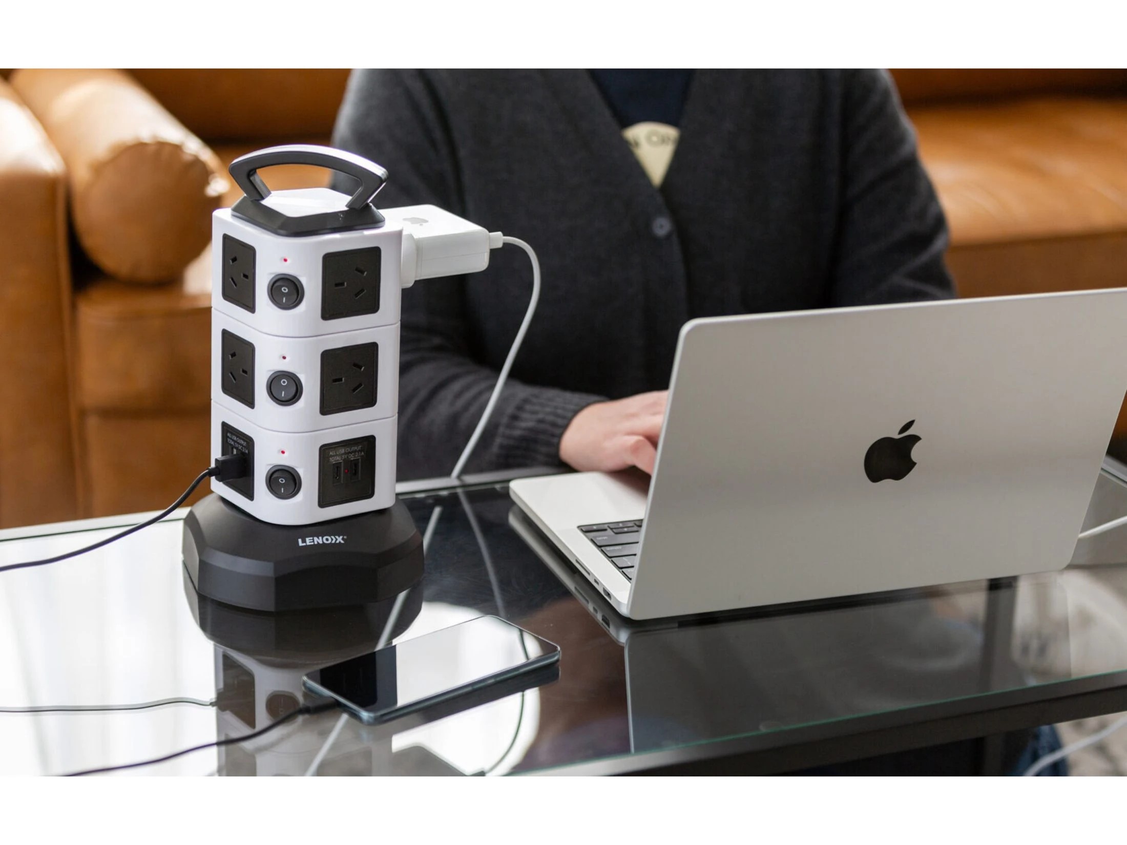 3 Lenoxx Tower Power Board with 10 Outlets + 2X USB A & 2X USB C, 3 of 3