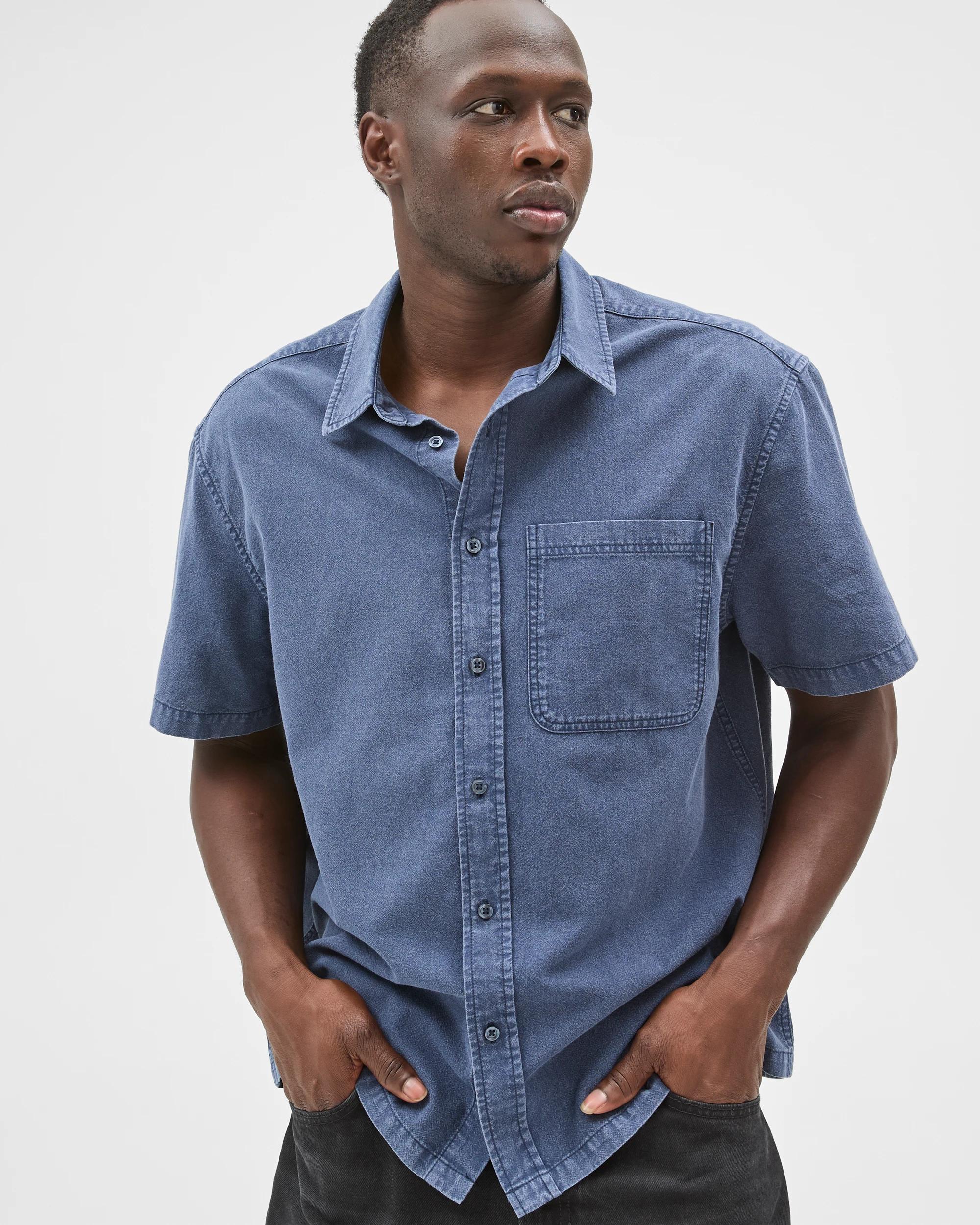 5 Commons Australian Cotton Plain Textured Boxy Fit Short Sleeve Shirt OMBRE BLUE, 5 of 7