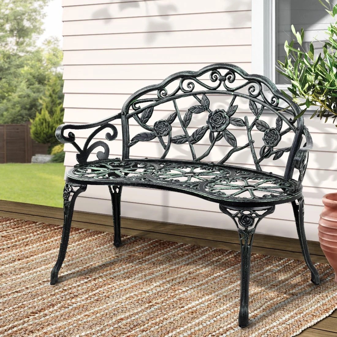 3 Gardeon Outdoor Garden Bench Seat 100cm Cast Aluminium Patio Chair - Green, 3 of 8