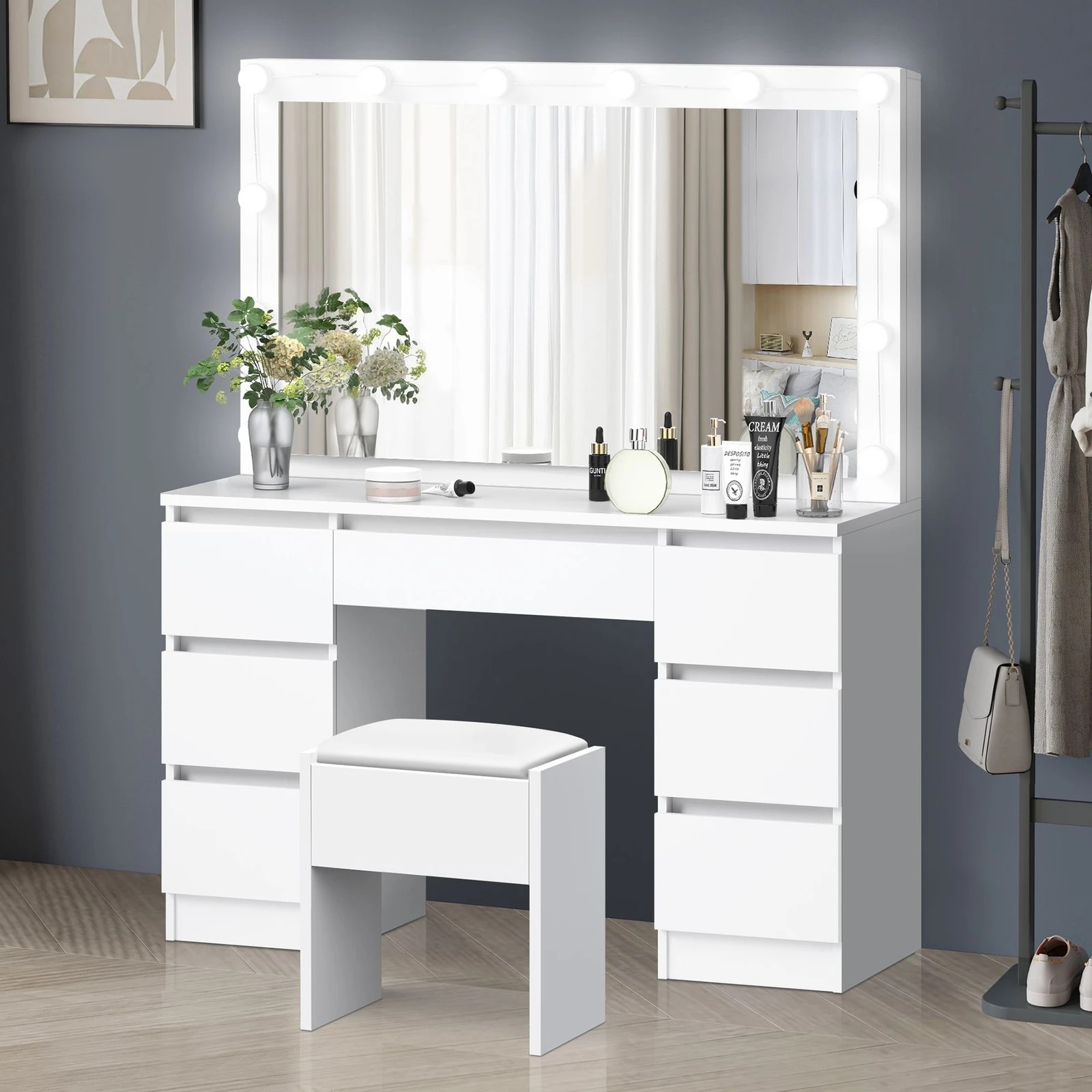 6 Alfordson Dressing Table Stool Set Makeup Mirror Desk LED 12 Bulbs - White, 6 of 10