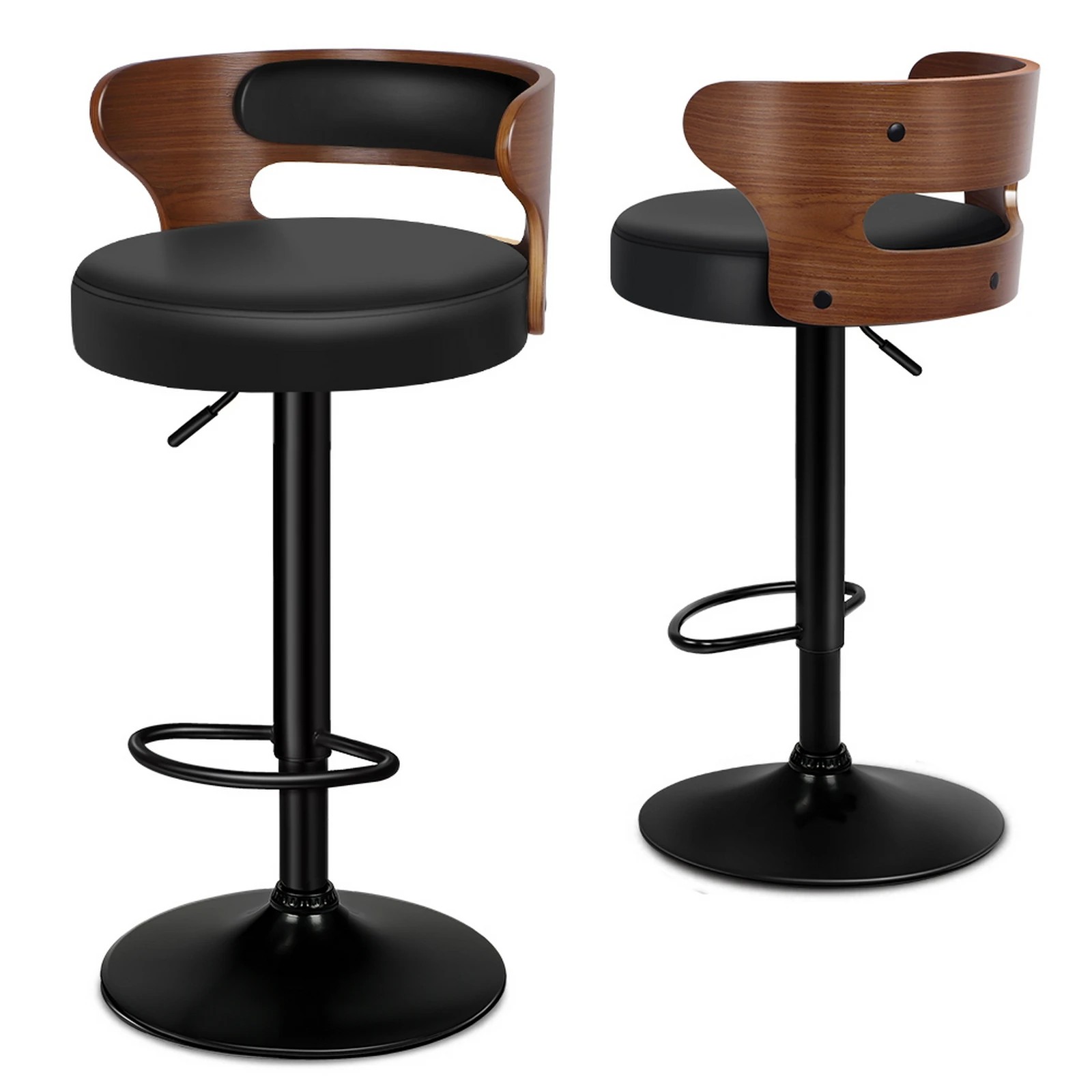 1 Alfordson 2x Bar Stool Kitchen Swivel Chair Wooden Leather Gas Lift - Black, 1 of 9