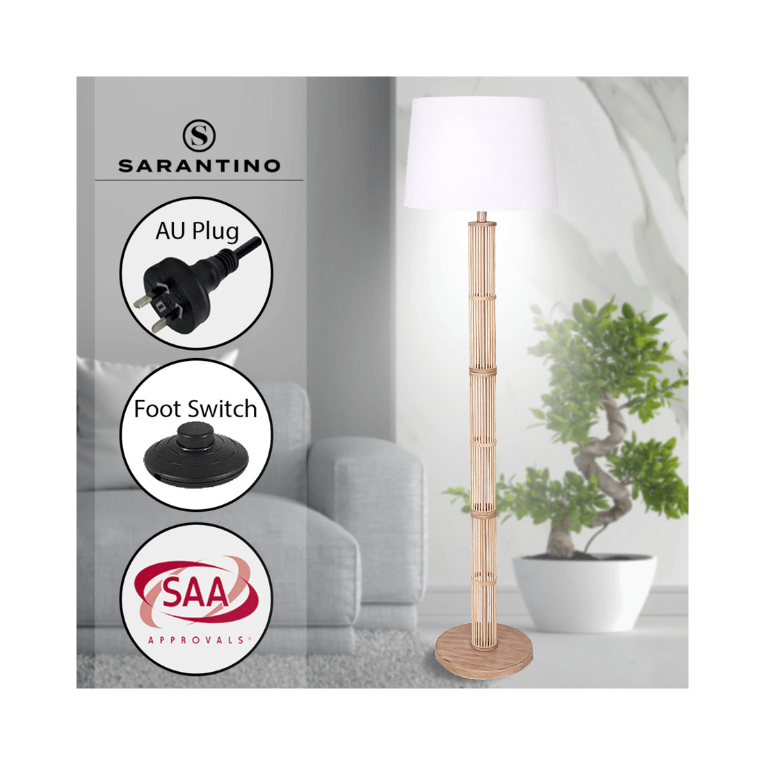 8 Sarantino Rattan Floor Lamp With Off-White Linen Shade, 8 of 10