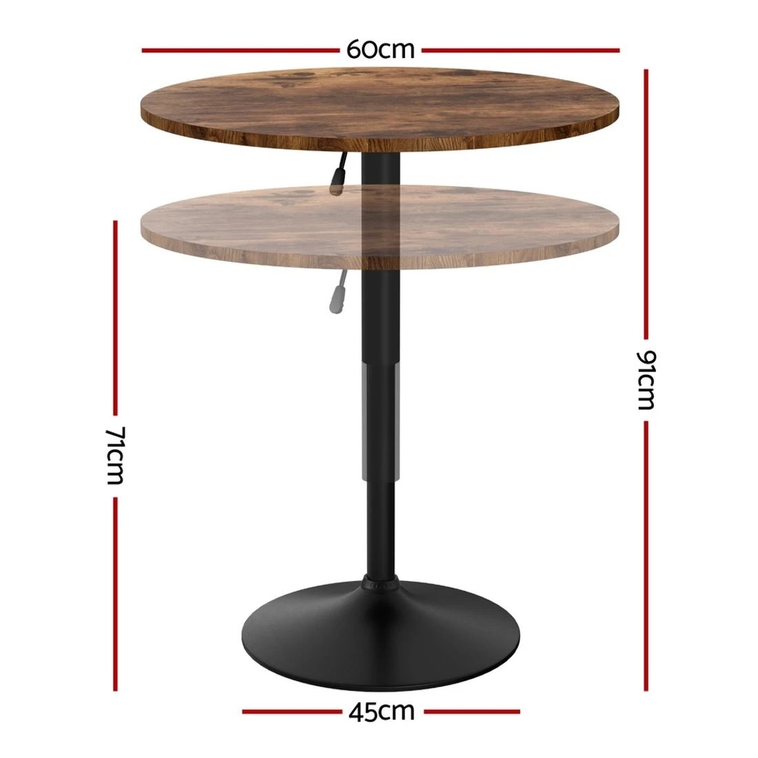 1 Artiss Height Adjustable Bar Table 360 Swivel Round Gaslift Design 60cm Rustic - Brown, 1 of 7