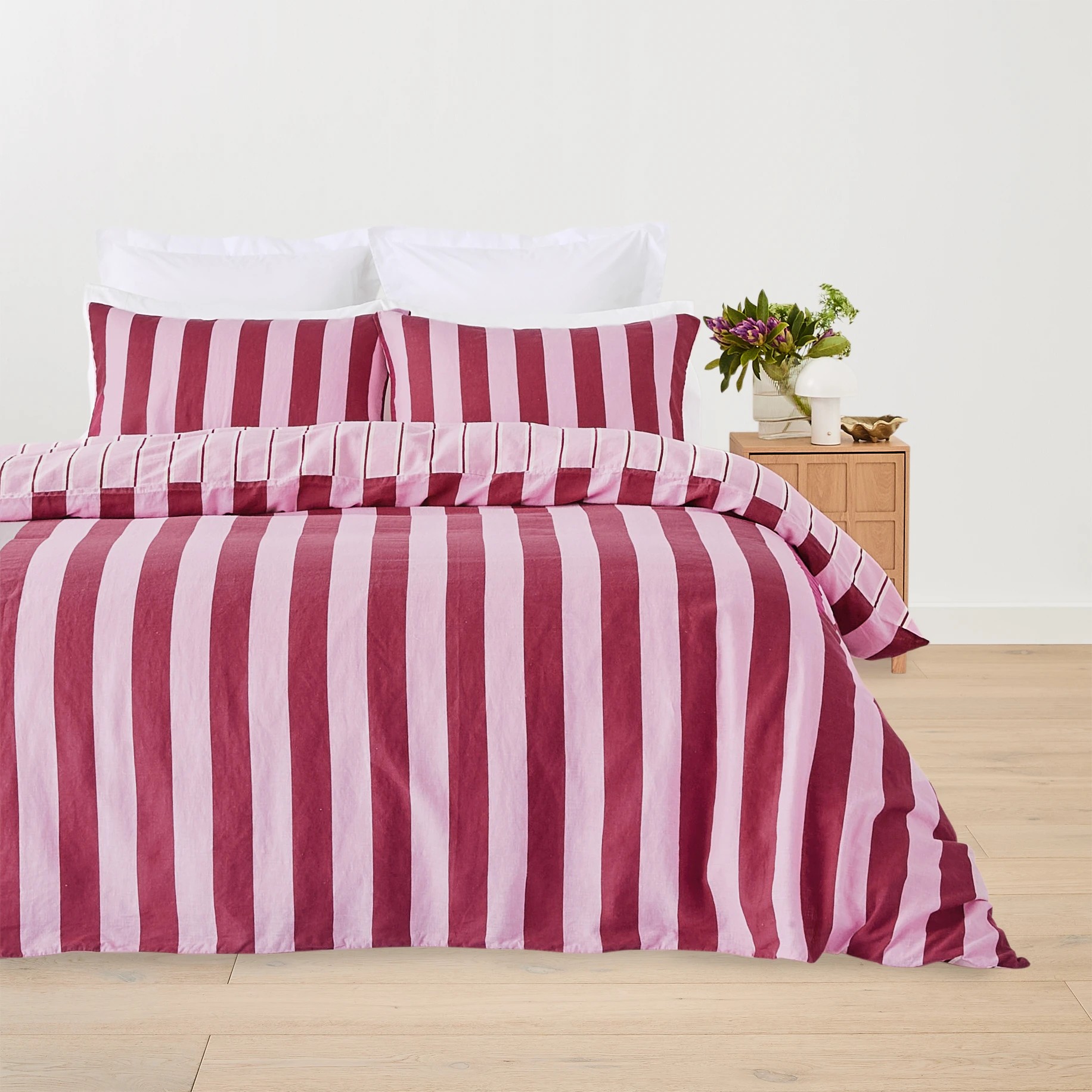 1 Stripe Cotton Linen Reversible Quilt Cover Set - King Bed, Berry, 1 of 7