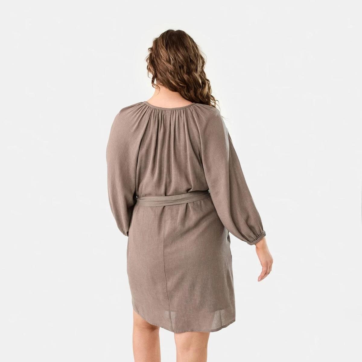 4 Elbow Sleeve Linen Blend Mini Dress DEEP TAUPE, 4 of 9