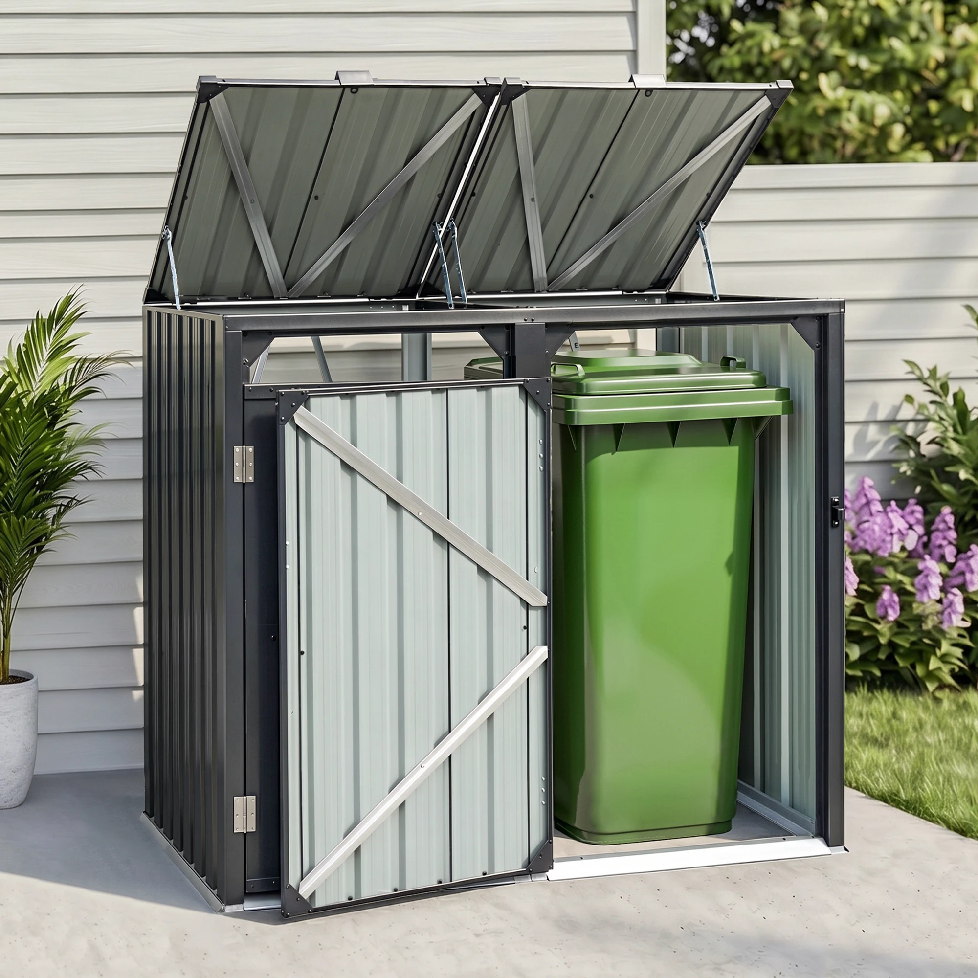 2 Giantz Bin Shed Double Wheelie Waste Bins Storage Steel Garden Enclosure - Black, 2 of 8