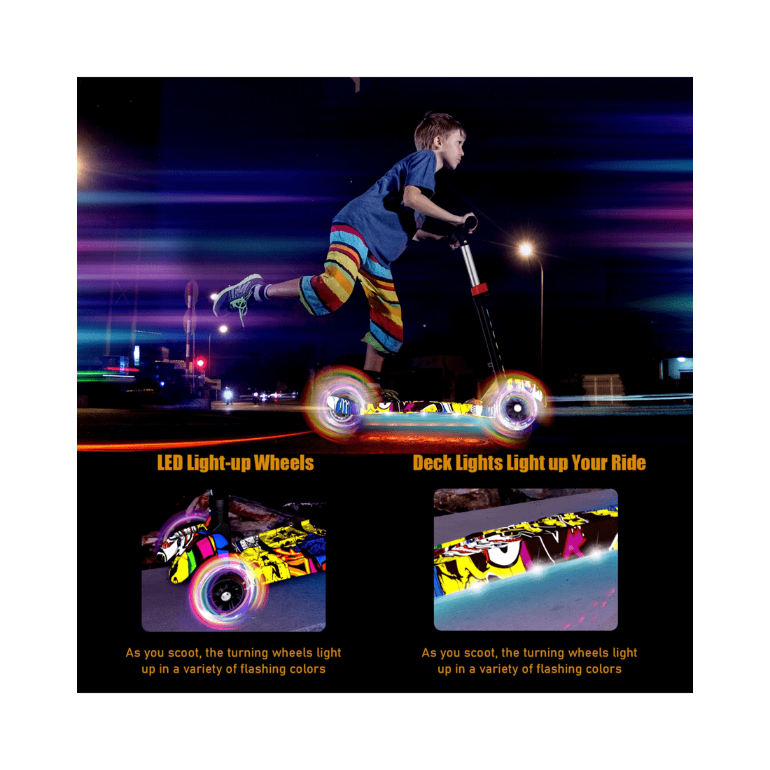 9 Advwin Foldable Kids Scooter w/ Music Light Up 3 Wheels Graffiti, 9 of 10