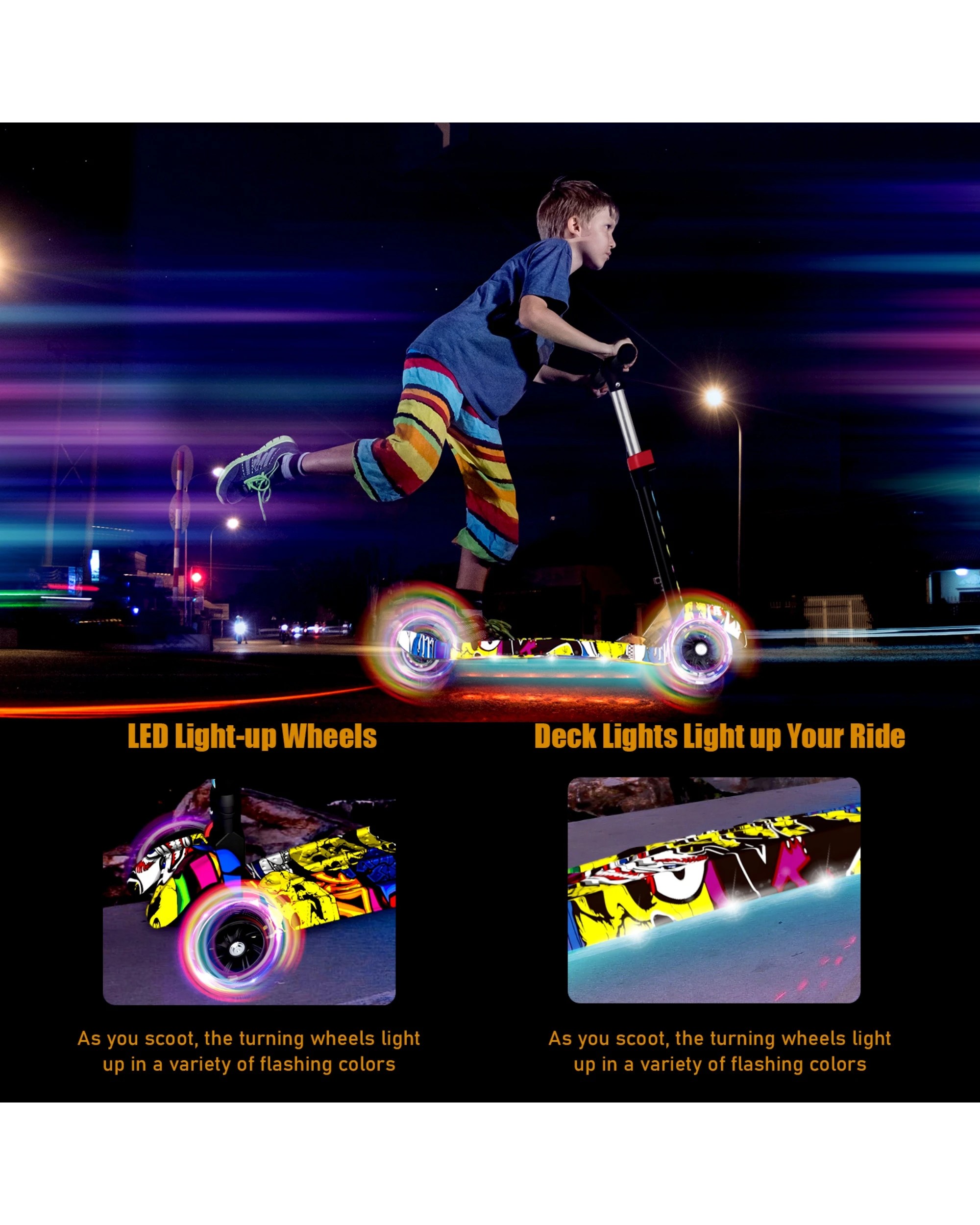 9 Advwin Foldable Kids Scooter w/ Music Light Up 3 Wheels Graffiti, 9 of 10