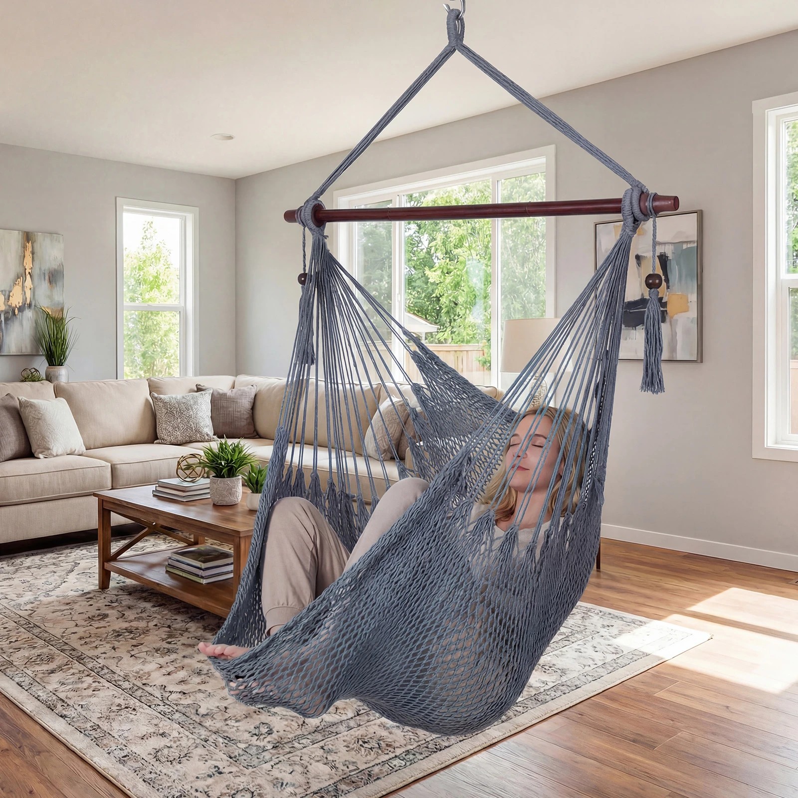 4 Costway Caribbean Hammock Chair Stretchable Hanging Rope Swing Chair - Grey, 4 of 5