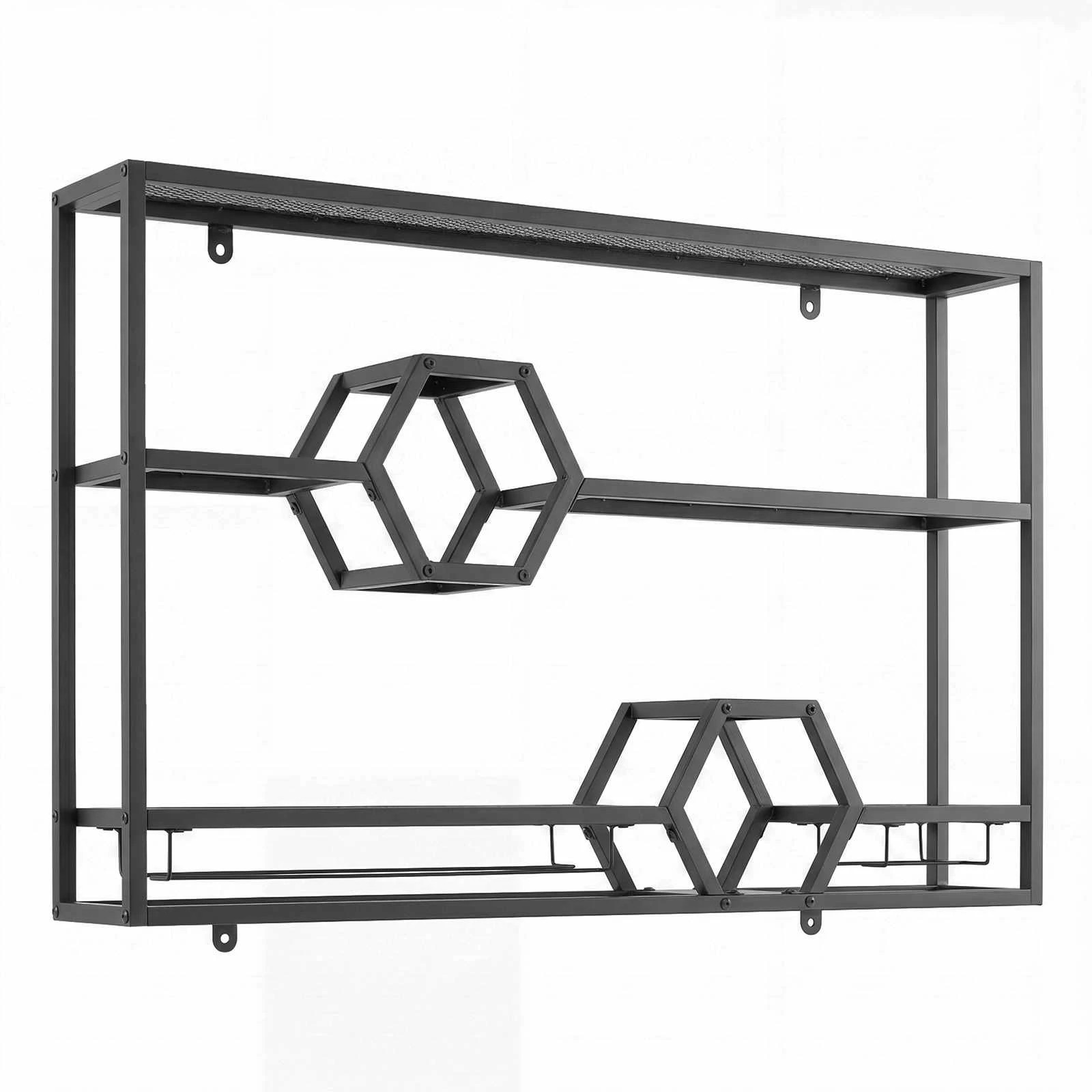 1 Costway 3-Tier Metal Wall Wine Rack 120CM Glass Holder Modern Bar Shelves - Black, 1 of 1
