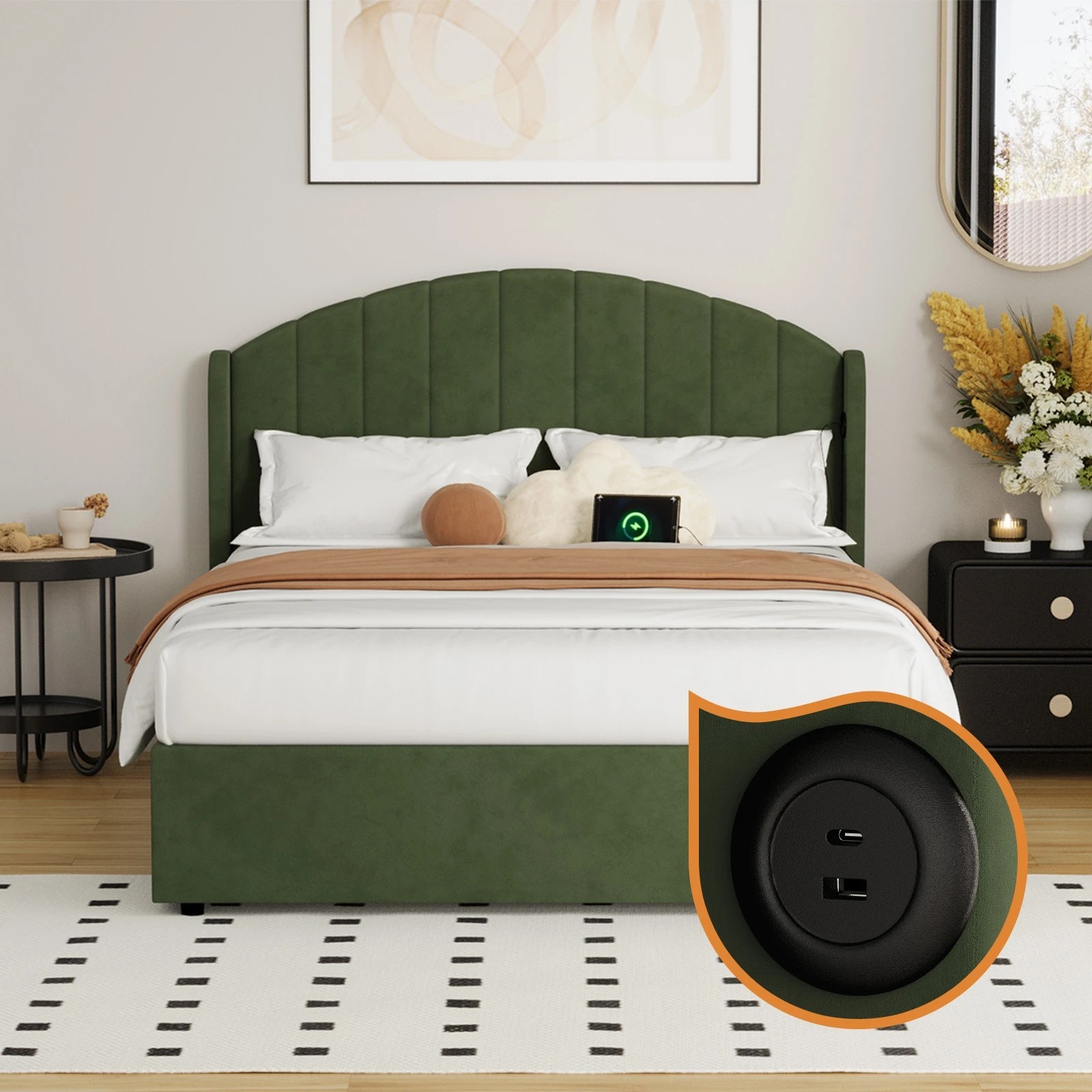 5 Oikiture Bed Frame Double Size With Gas Lift Storage USB Charging Velvet - Green, 5 of 9