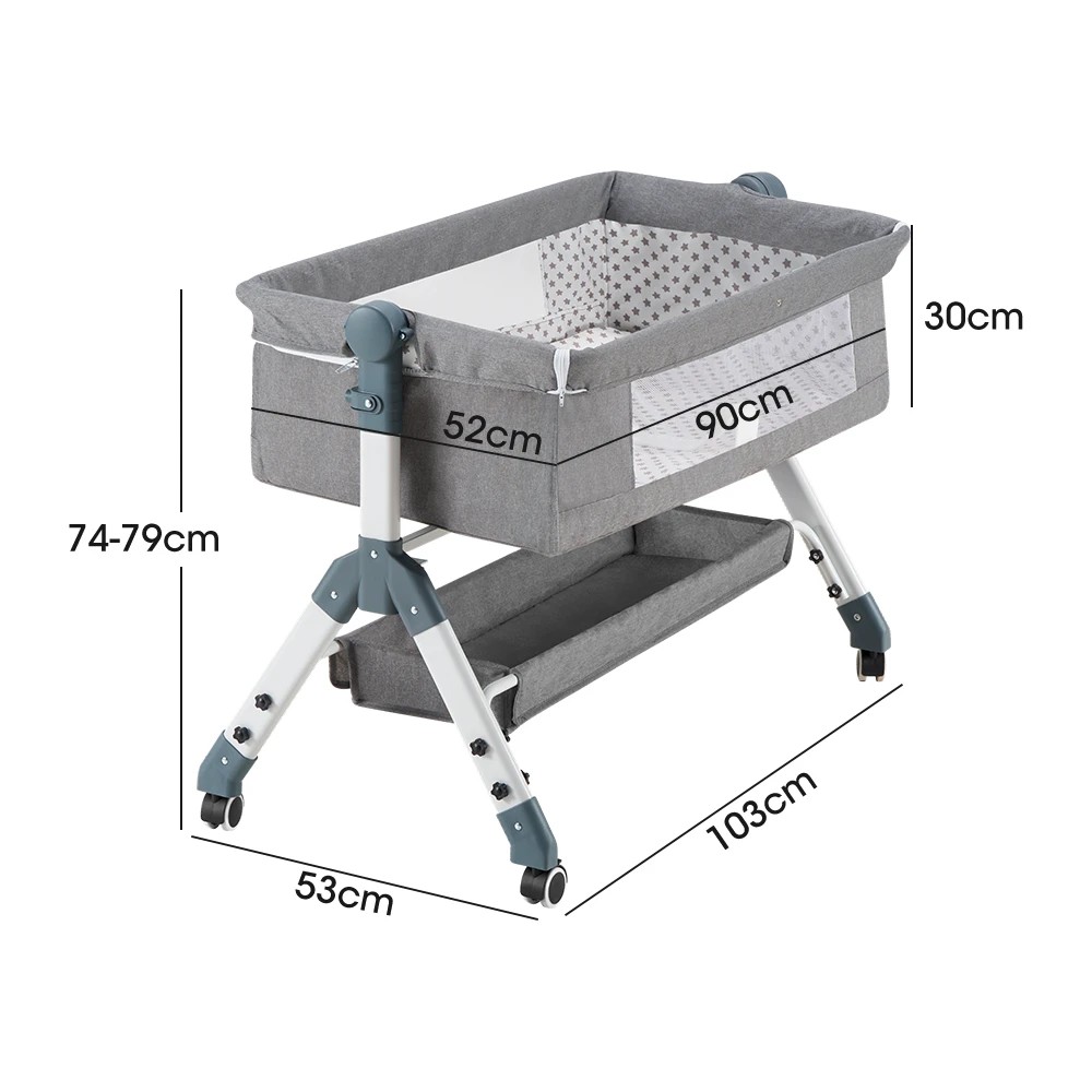 2 PlayPals Baby Cot Crib Bed Portable Bassinet Bedside Sleeper Adjustable Height - Grey, 2 of 3