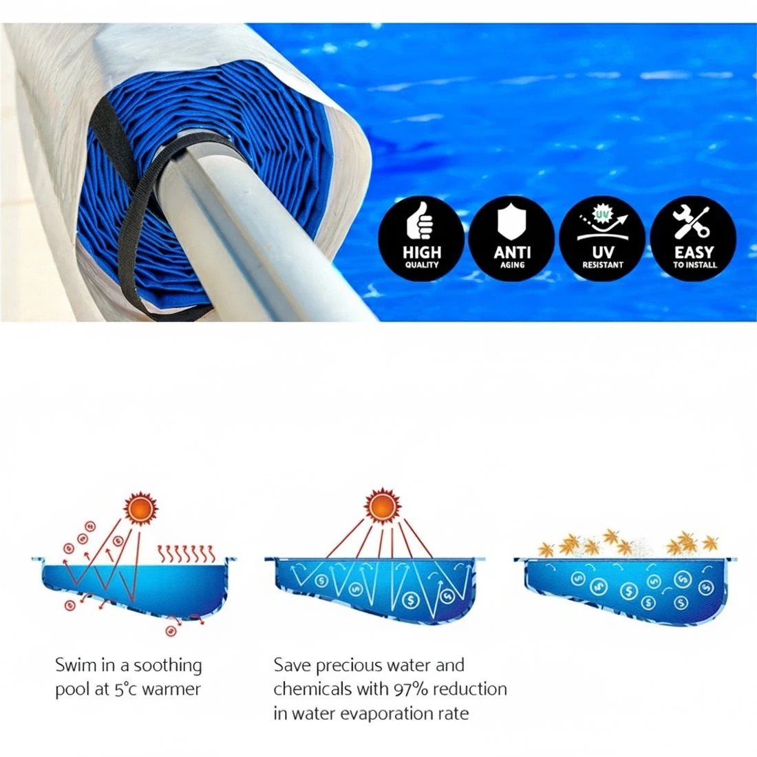 4 Aquabuddy Pool Cover 500 Micron 8x4.2m Swimming Pool Solar Blanket 5.5m Roller - Multi, 4 of 6