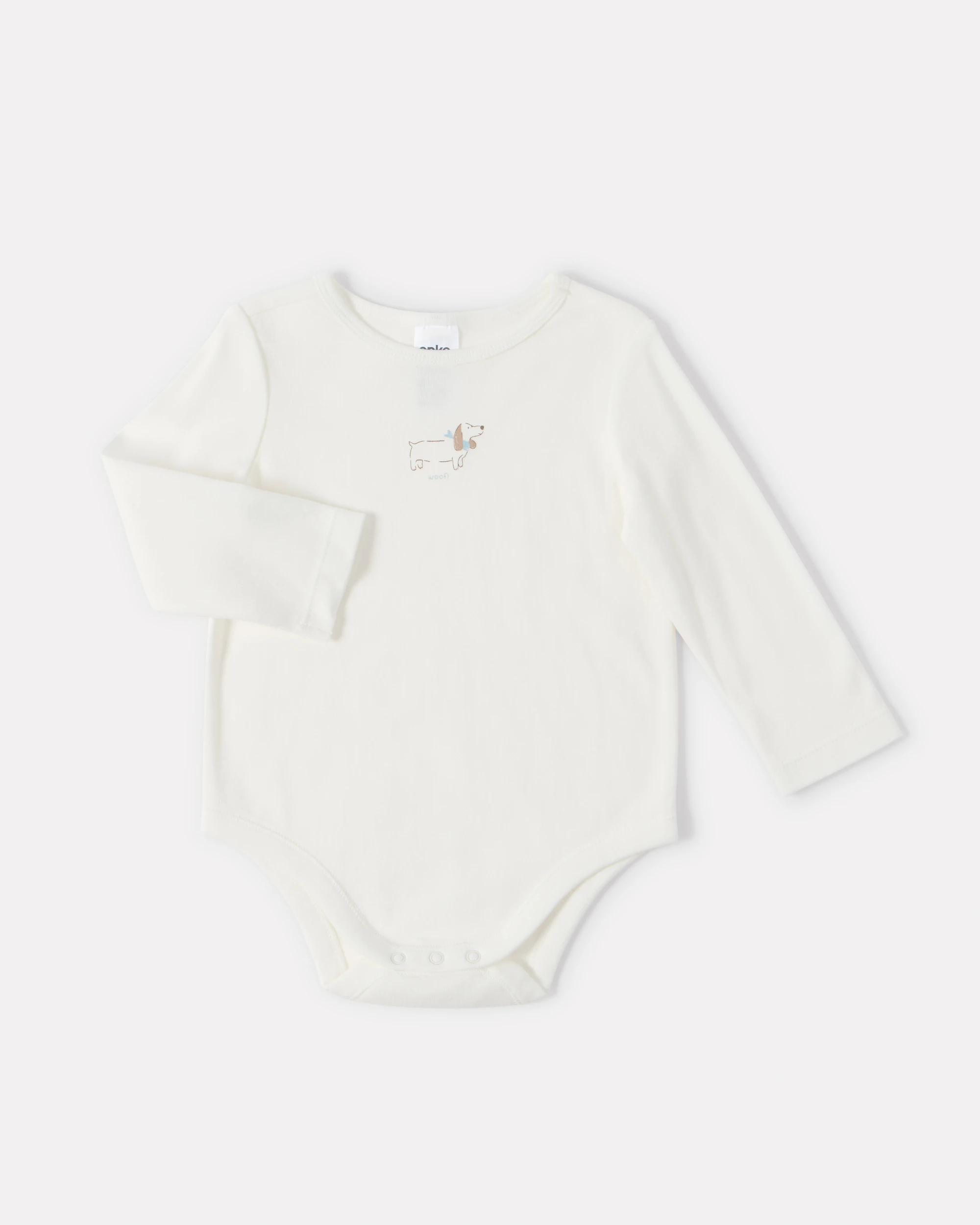 1 Cotton Long Sleeve Print Bodysuit White Dog, 1 of 3