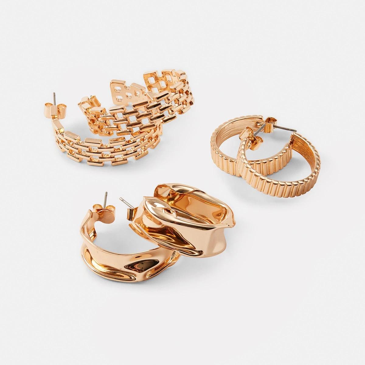 4 3 Pack Molten Ribbed and Chain Hoop Earrings - Gold Tone Gold, 4 of 5