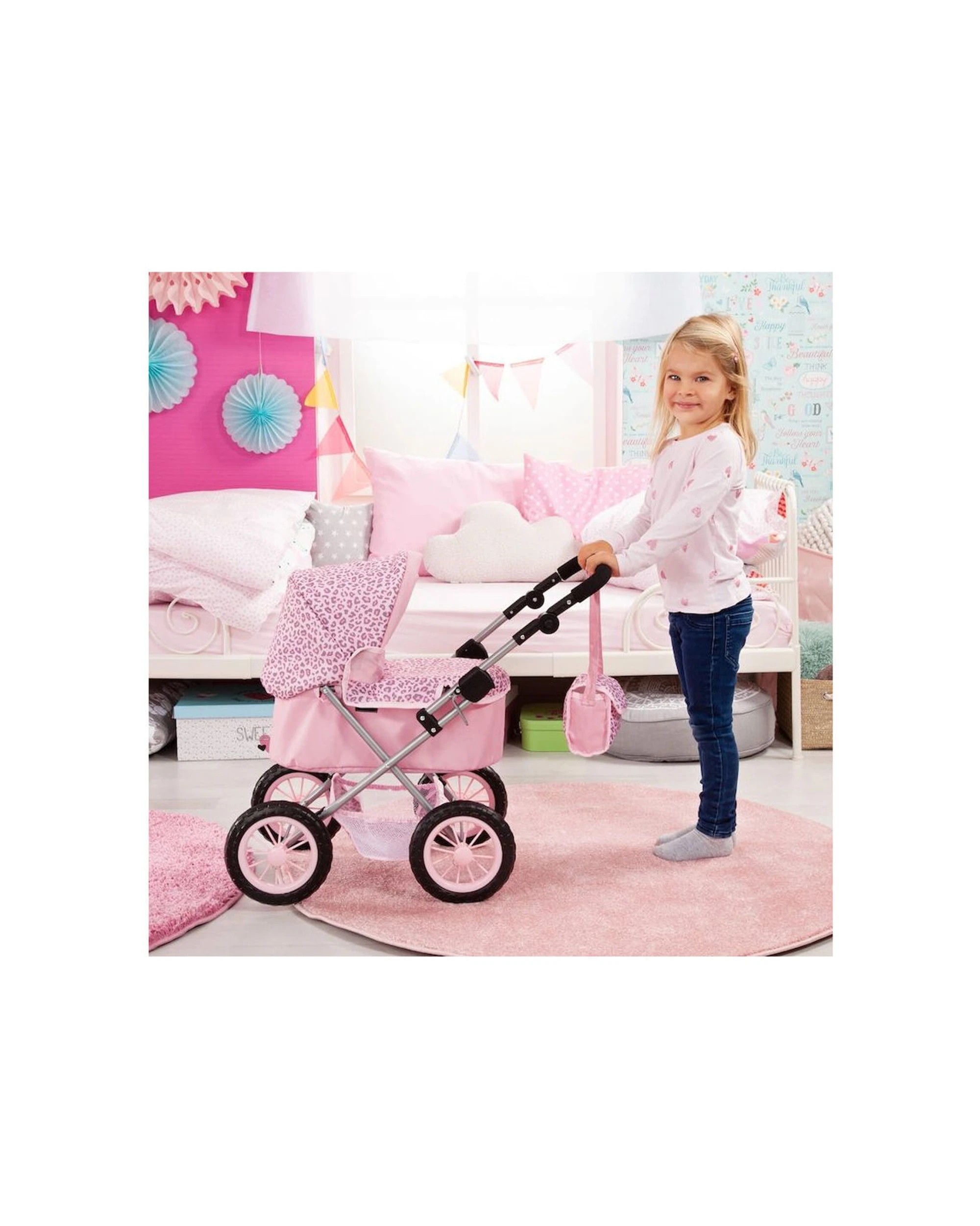 3 Bayer Leopard Print Pram Kids Toy For 46cm Dolls Adjustable Handle Basket Bag
 - Pink, 3 of 4