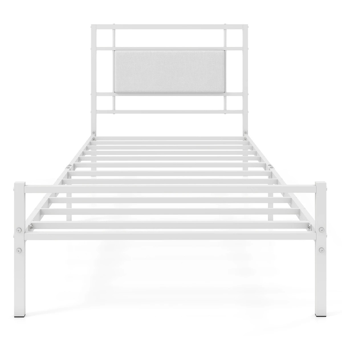 1 Costway Single Platform Bed Frame Upholstered Headboard Mattress Foundation Metal Slat Support - White, 1 of 5