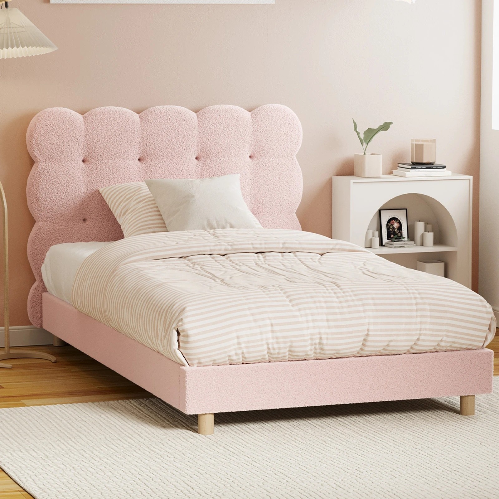 2 Oikiture King Single Bed Tufted Bedhead Boucle Bed Frame
 - Pink, 2 of 10